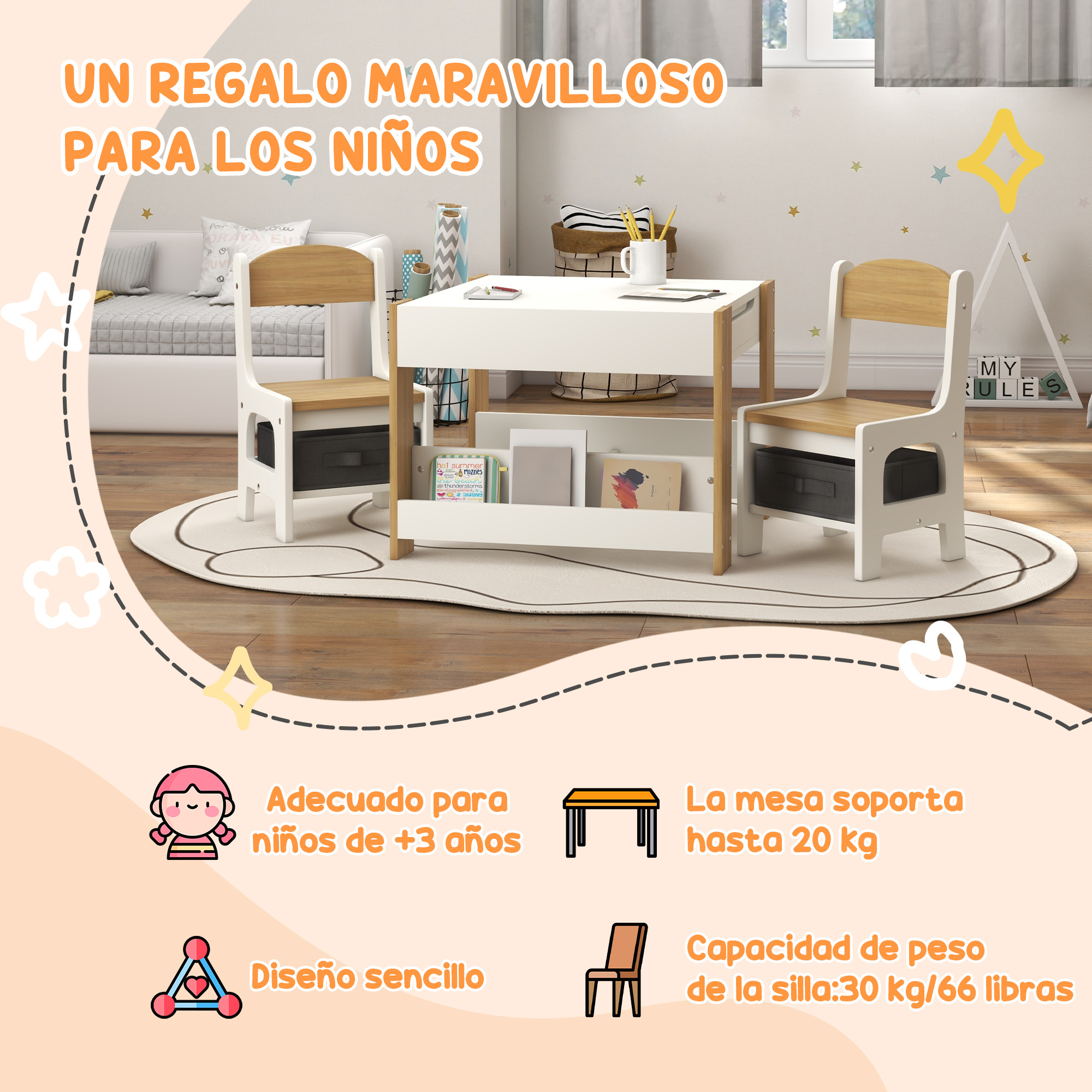 Conjunto de muebles infantiles con mesa blanca y madera y dos sillas con cestas de almacenamiento.