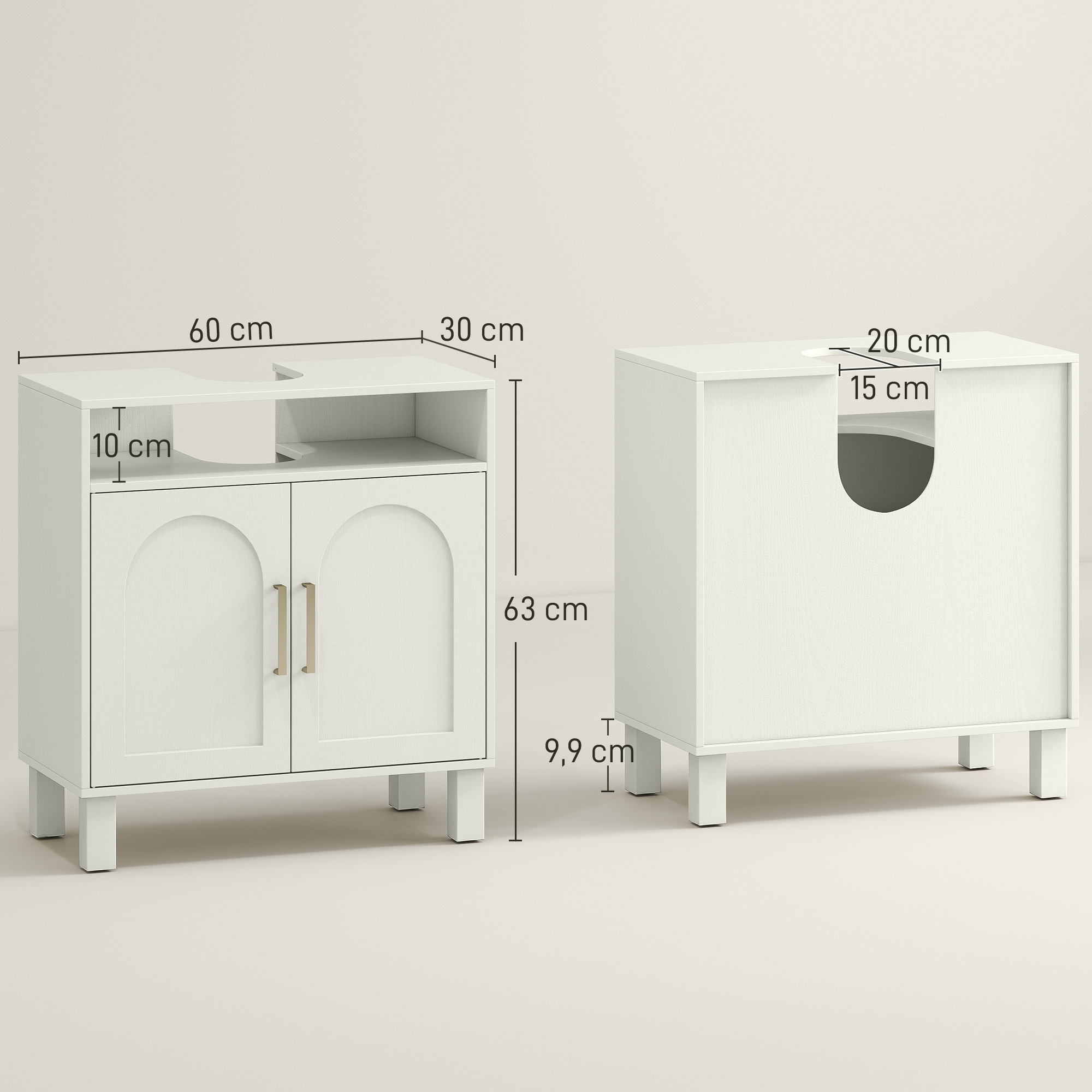Dos gabinetes de baño blancos con dimensiones, tiradores dorados y recortes sobre patas contra un fondo claro.