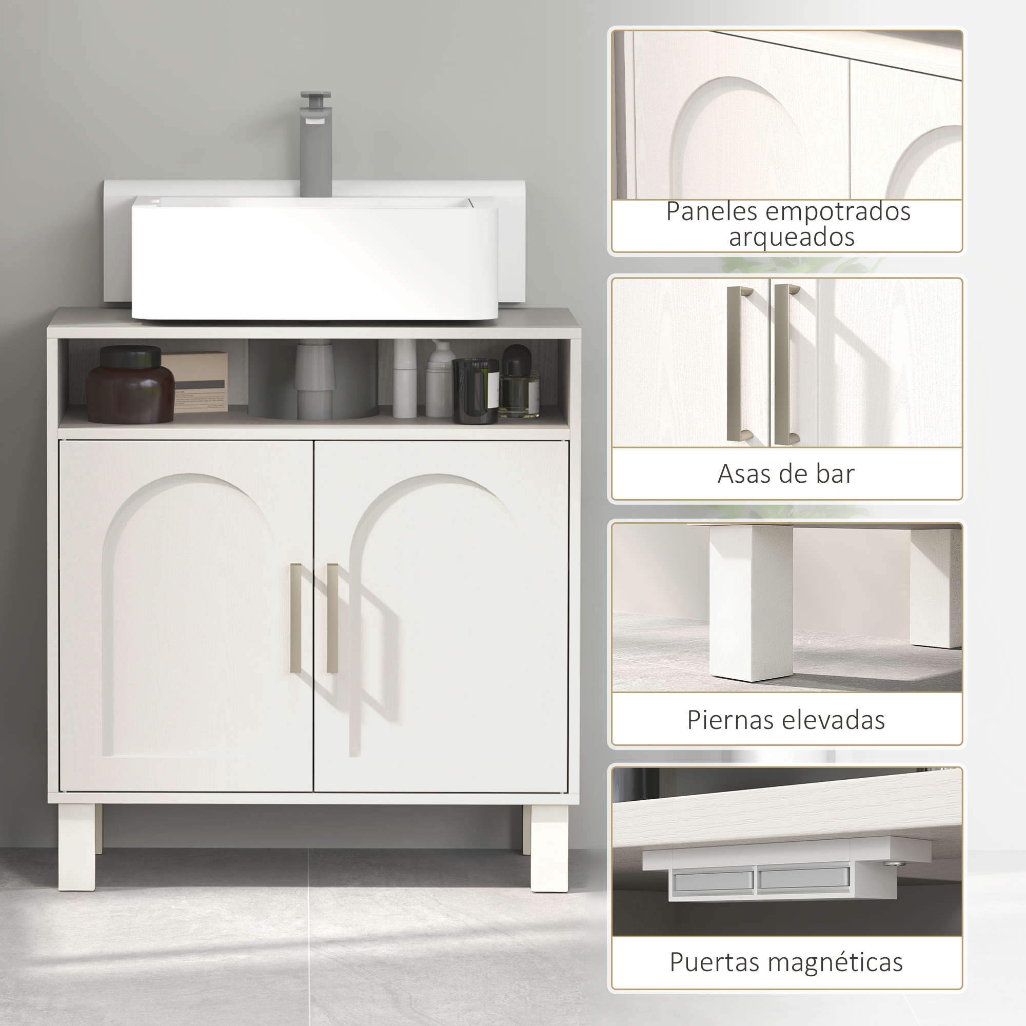 Un mueble de baño blanco con lavabo y cuatro detalles que muestran paneles, tiradores, patas elevadas y puertas magnéticas.