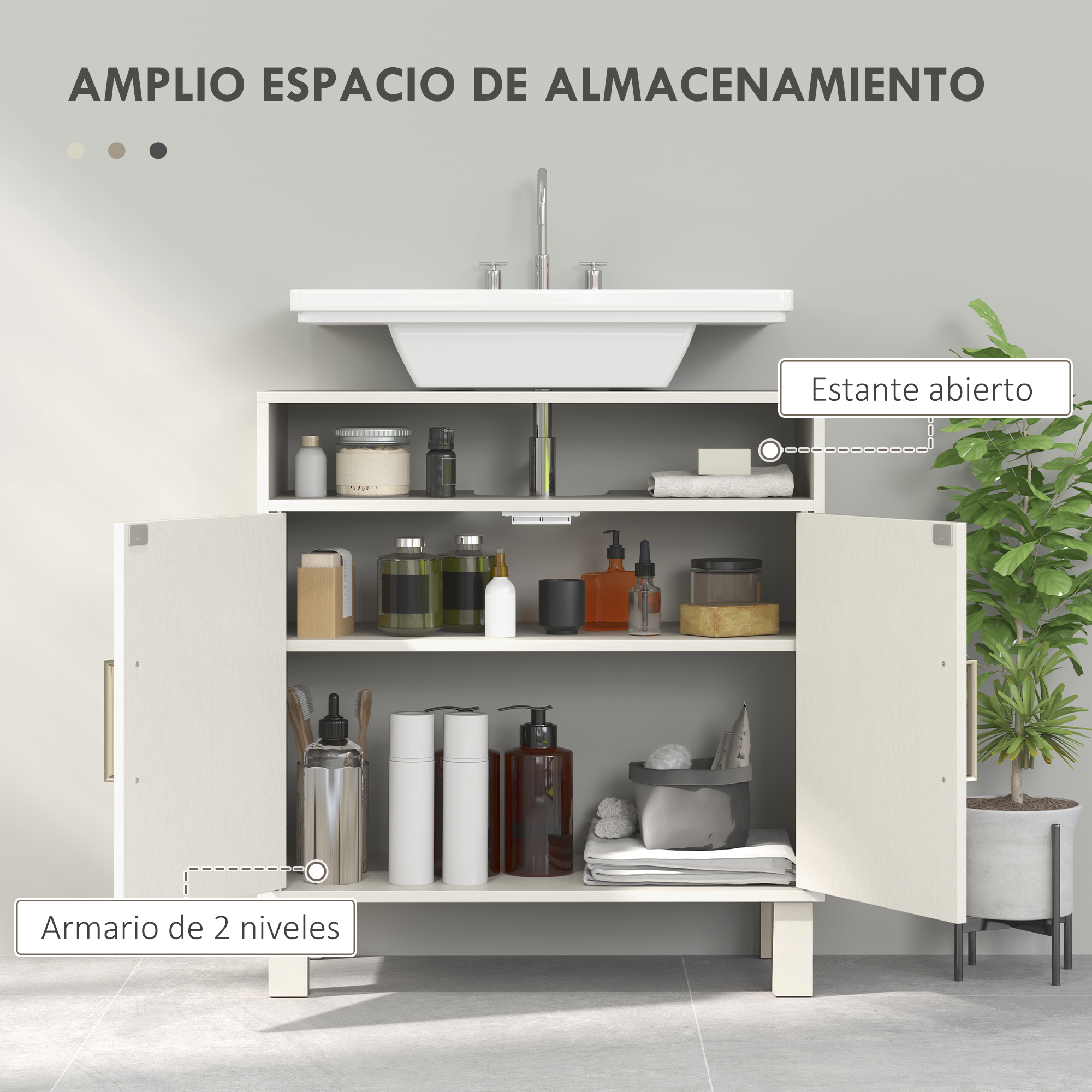 Mueble de baño con lavabo blanco, estante abierto, baldas con cosméticos y una planta en maceta al lado.