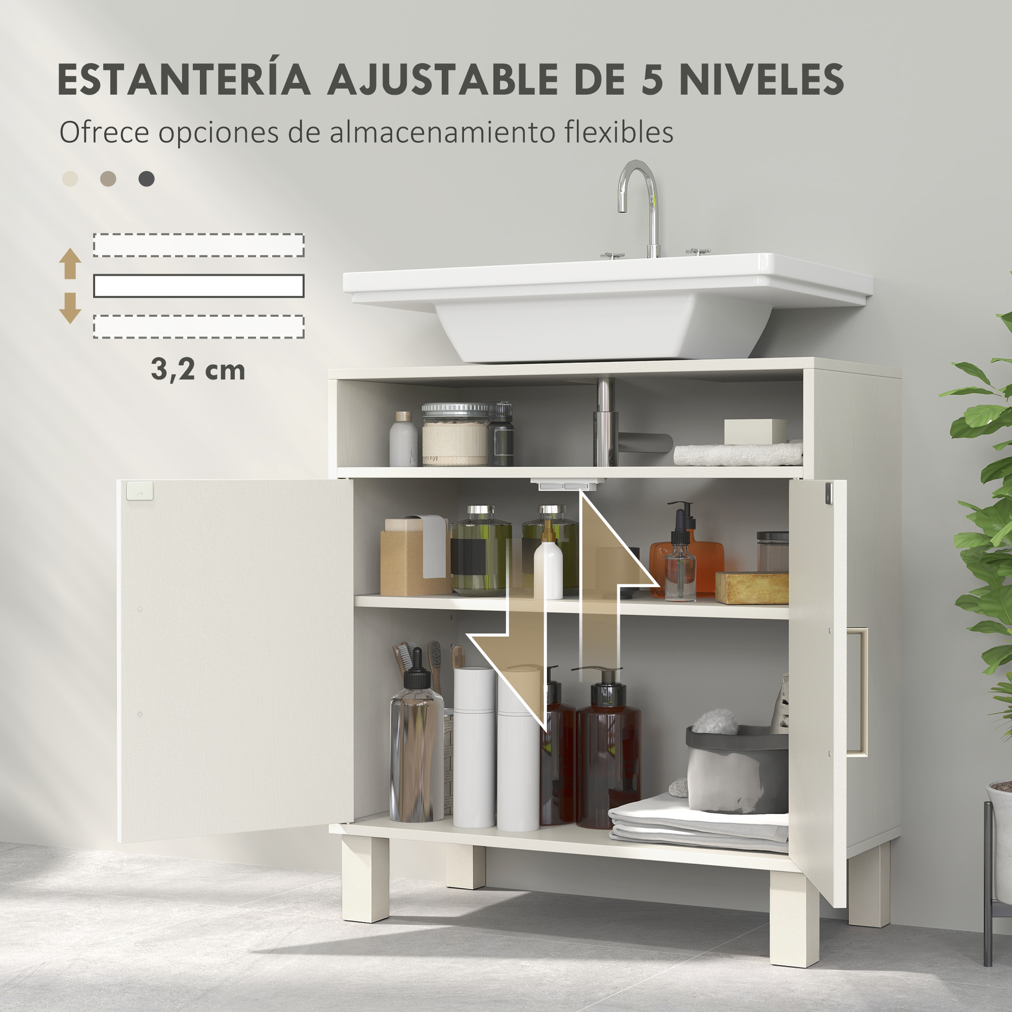 Mueble de baño blanco con puertas abiertas que muestran estantes ajustables con artículos de aseo.