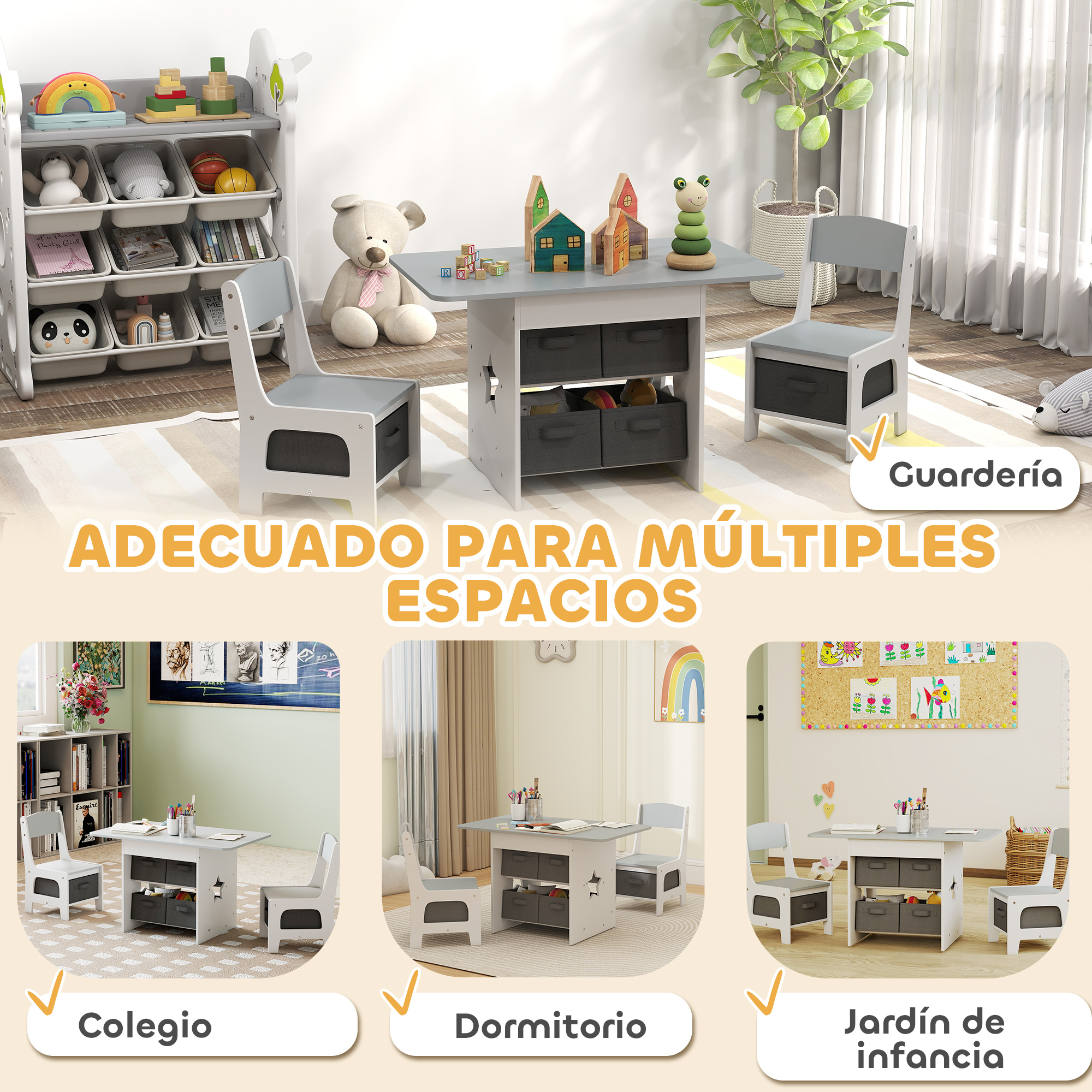Juego de mesa infantil de madera y dos sillas con cestas de almacenamiento grises en varios espacios.