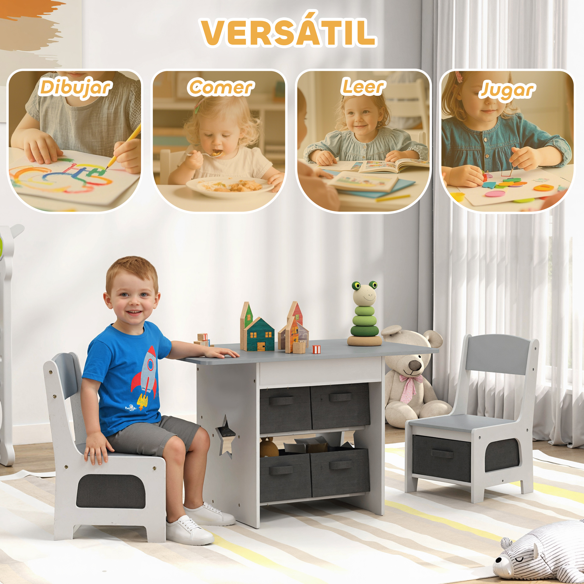 Un niño sonriente se sienta en una mesa infantil gris con sillas y cajas de almacenamiento.