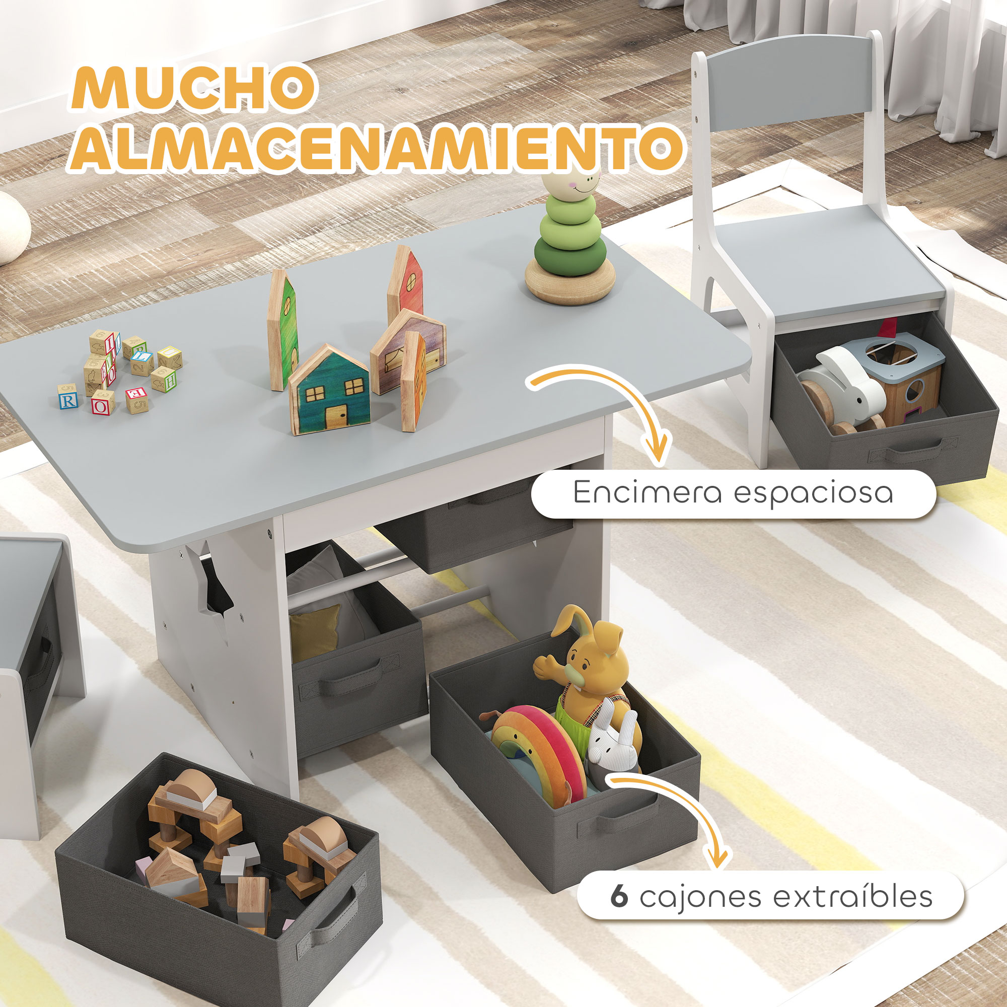 Mesa y silla infantil gris con seis cajas de almacenamiento llenas de juguetes.