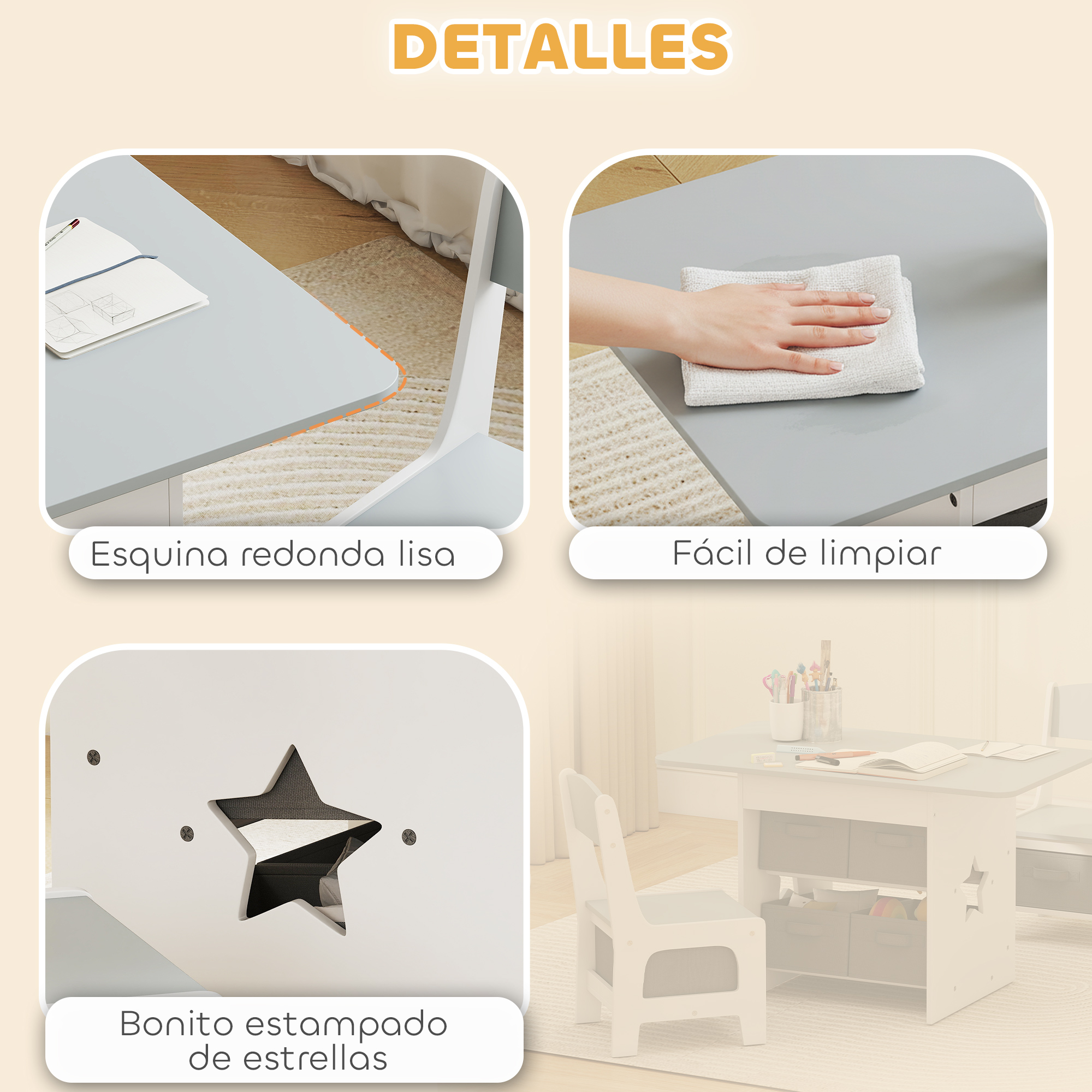 Cuatro paneles con detalles de mesa infantil: cantos redondos, fácil limpieza, recortes de estrella y el set.