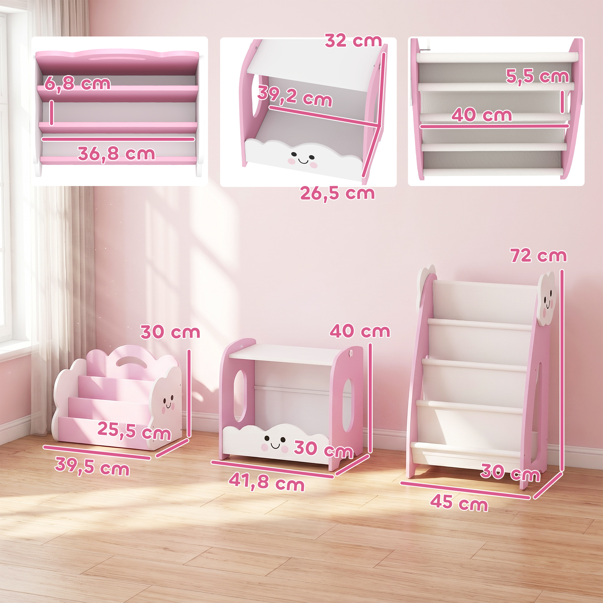 Tres muebles infantiles rosas y blancos con dimensiones frente a una pared rosa.