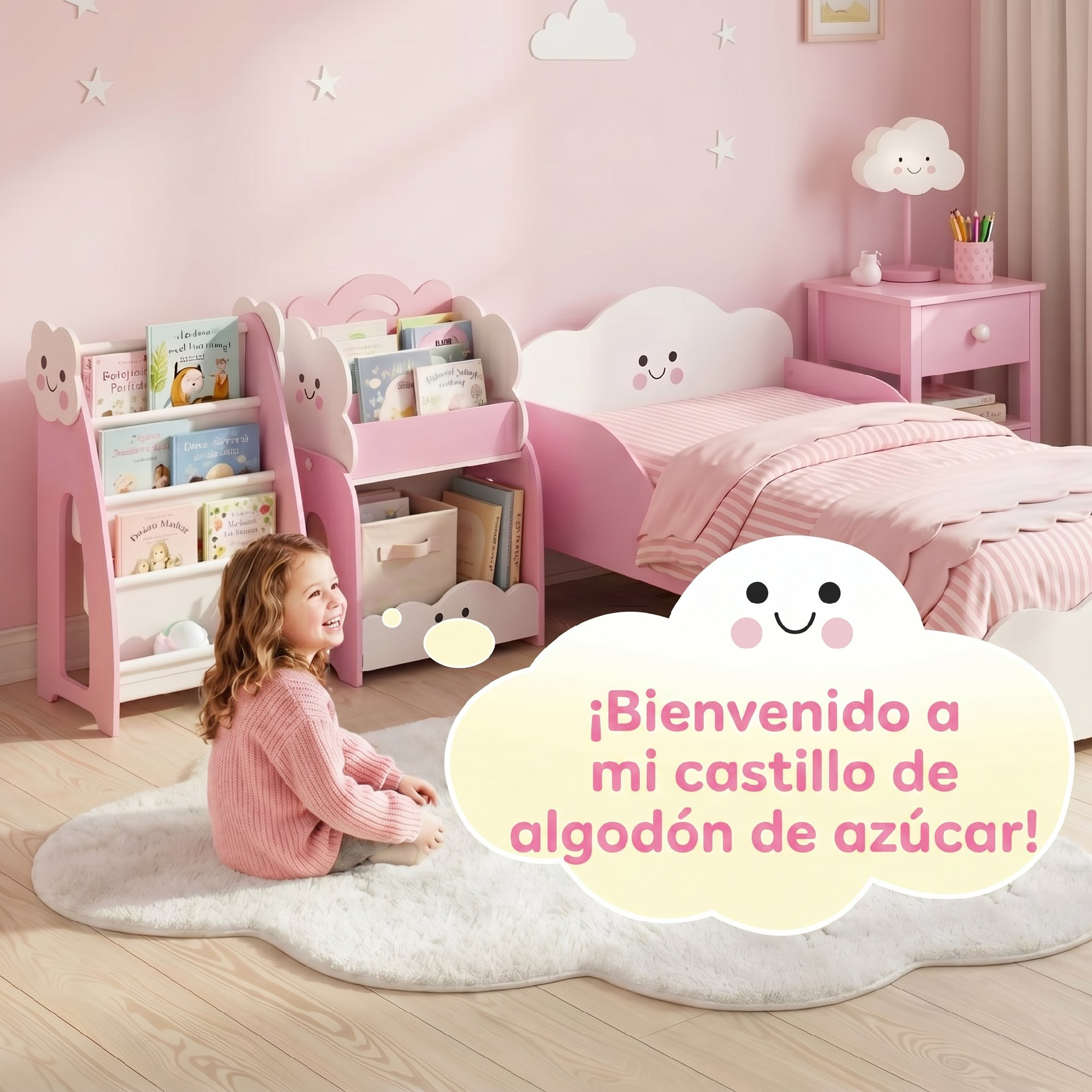 Una niña se sienta en una alfombra en una habitación infantil rosa con cama, estanterías y un bocadillo de texto.