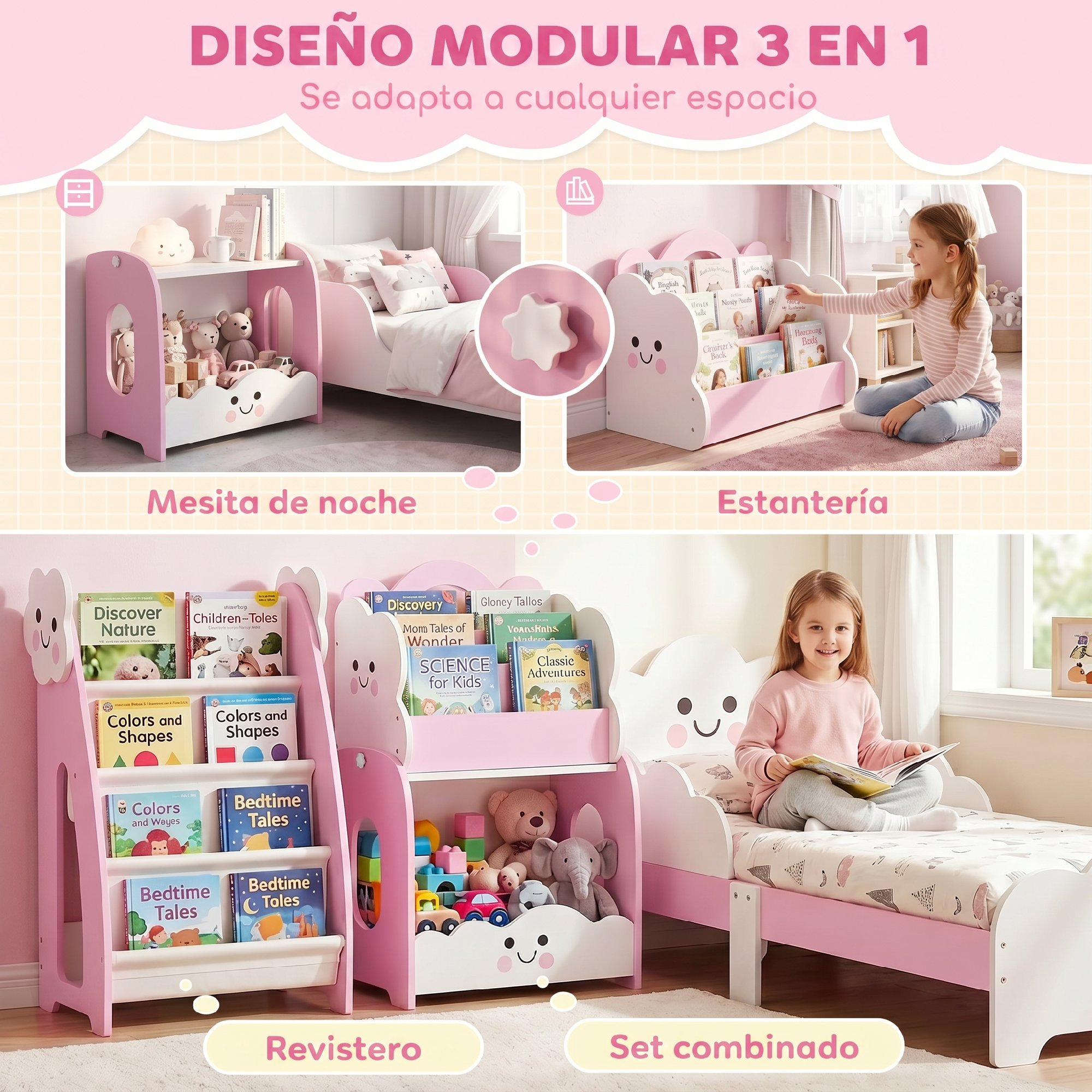 Muebles infantiles modulares 3 en 1 en rosa y blanco con estantería, mesita de noche y cama.