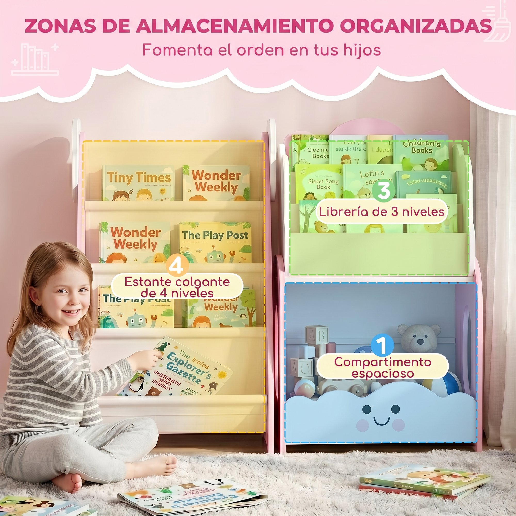 Una niña pequeña está sentada en una alfombra peluda frente a una estantería colorida para niños, sosteniendo un libro.