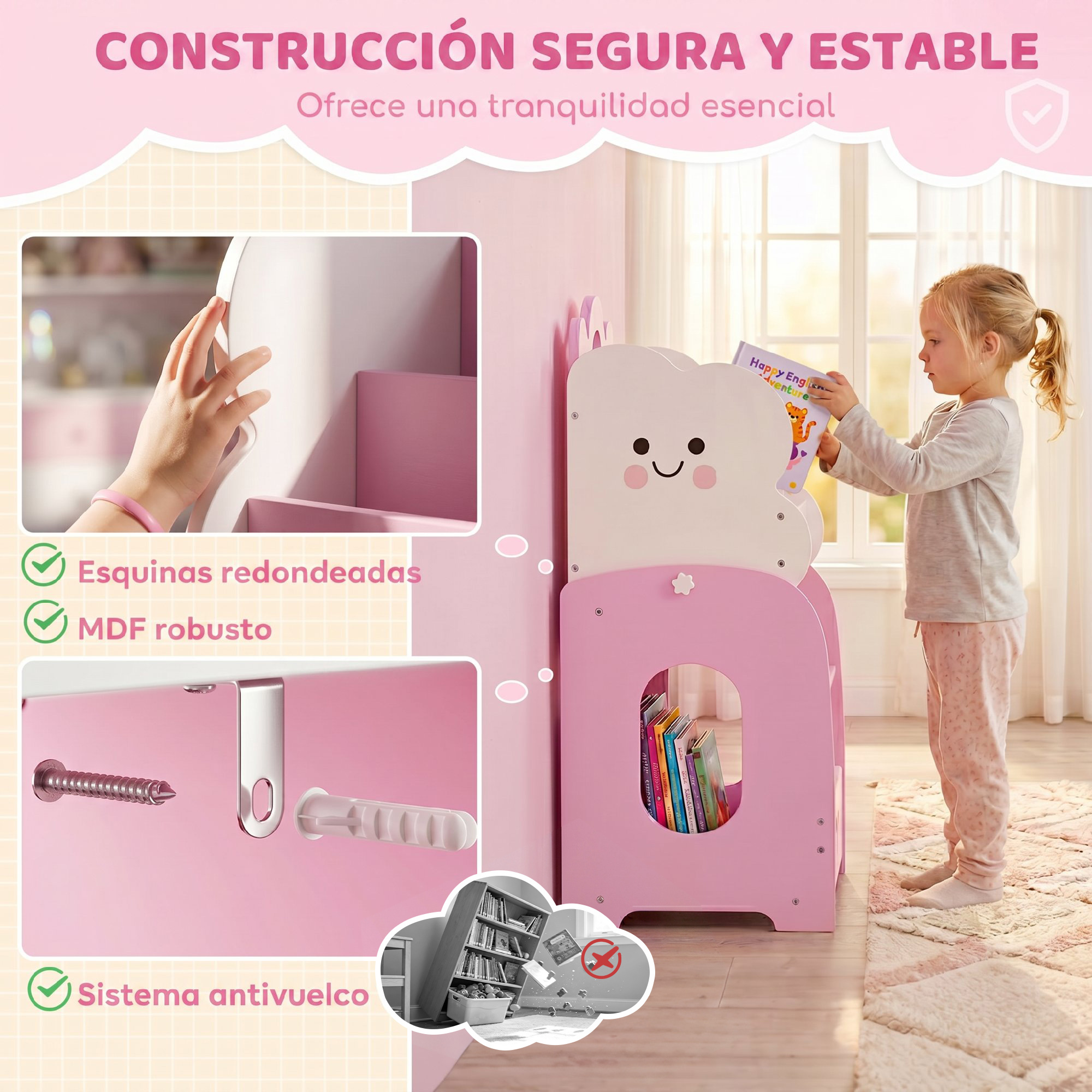 Niña coloca un libro en una estantería rosa con diseño de nube, mostrando esquinas redondeadas y sistema antivuelco.