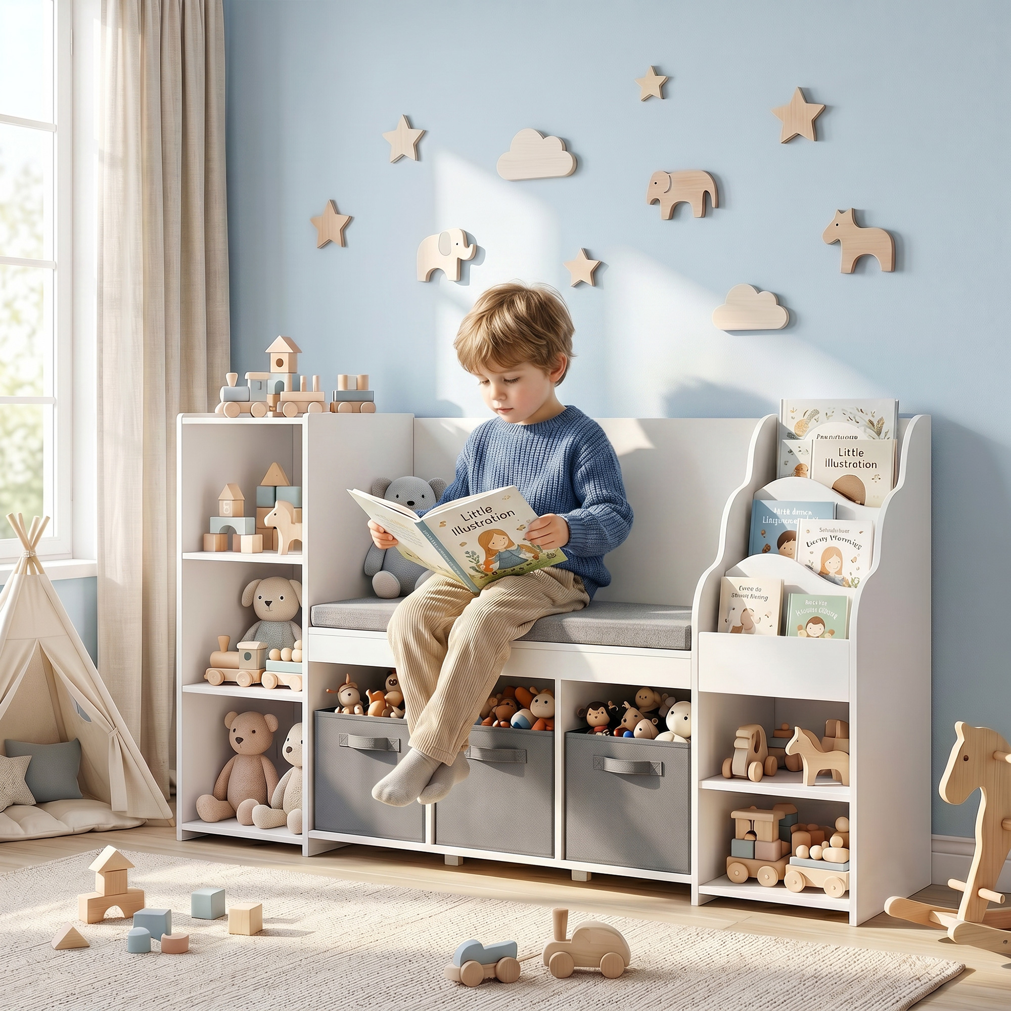 Un niño con suéter azul se sienta en un banco infantil blanco leyendo un libro en una habitación infantil azul.