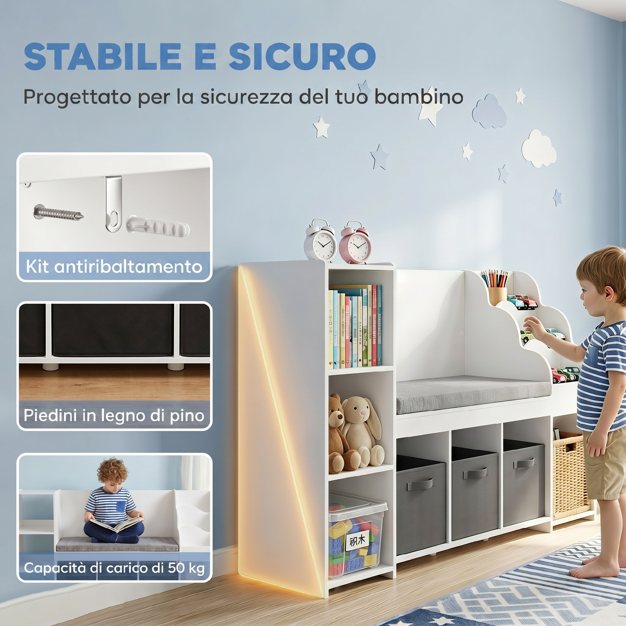 Un niño está junto a un banco de almacenamiento infantil blanco con estantes, cajas de juguetes y detalles.