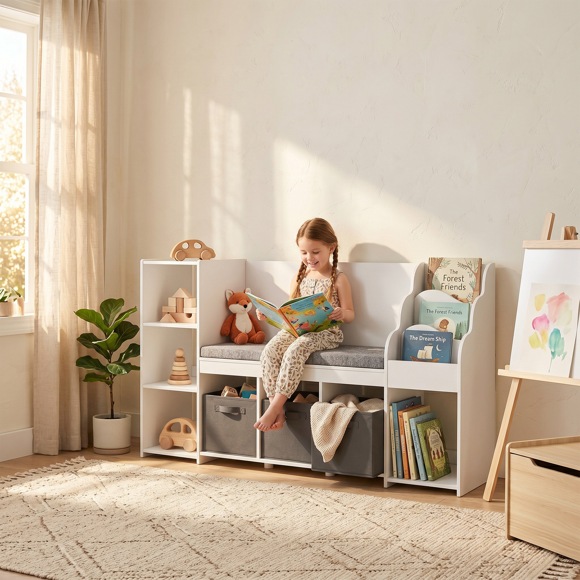 Una niña lee un libro sentada en un banco de almacenamiento blanco en una habitación luminosa.