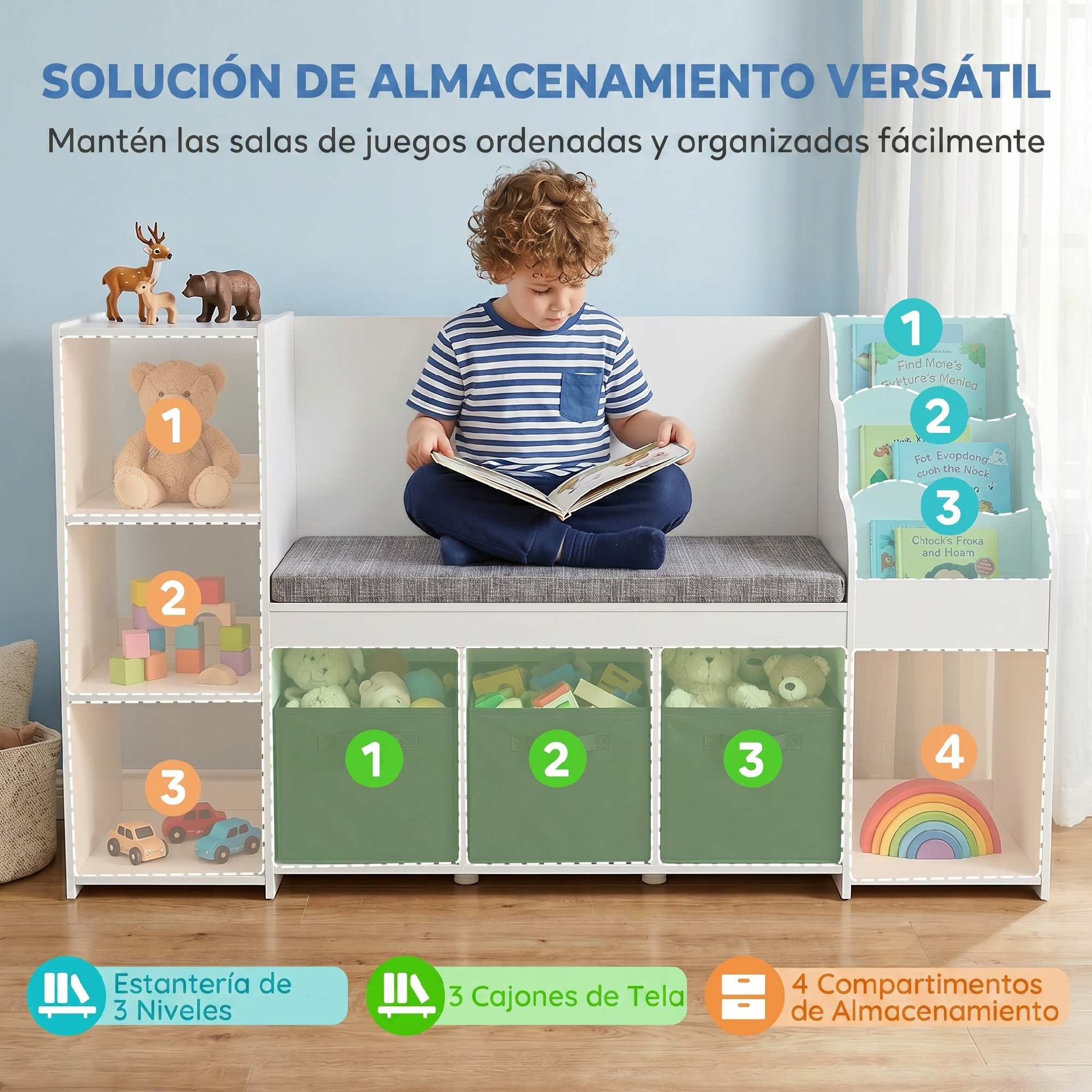 Un niño lee un libro en un banco de almacenamiento de juguetes blanco con estantes y cajas verdes.