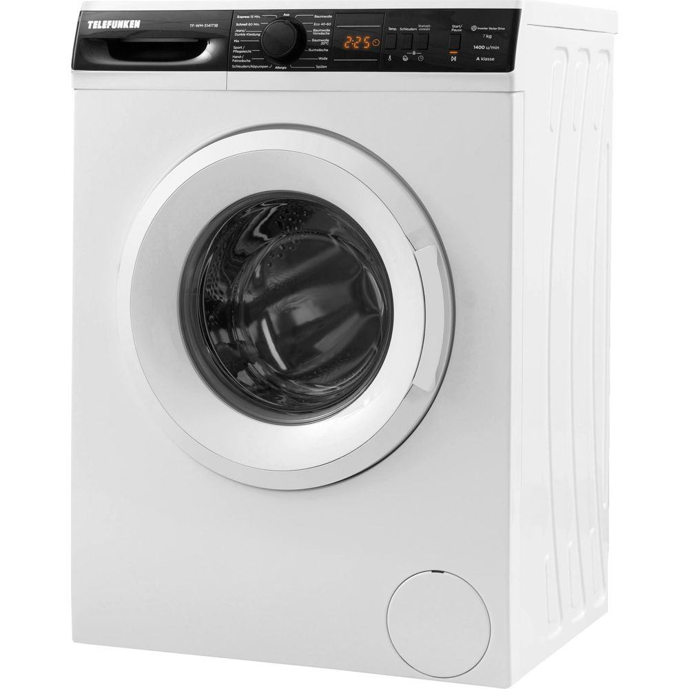 Un lave-linge blanc Telefunken avec panneau de commande noir et écran numérique sur fond blanc.