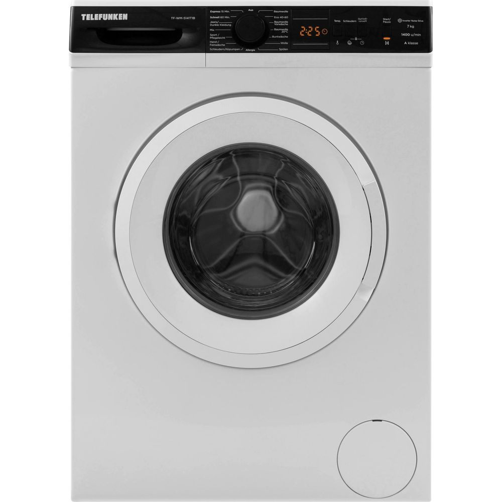 Lave-linge hublot blanc Telefunken avec panneau de commande noir.