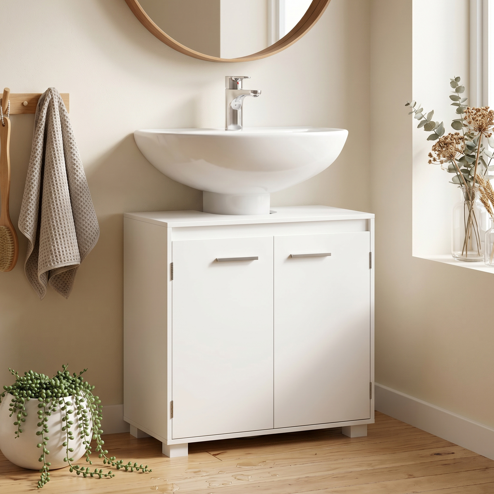 Un tocador de baño blanco con lavabo, espejo redondo, toalla y planta en maceta sobre el suelo de madera.
