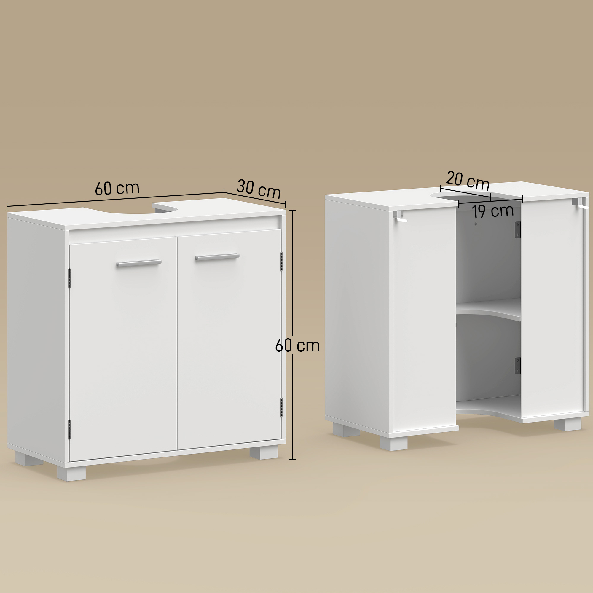 Dos muebles de lavabo blancos con medidas de dimensiones sobre fondo beige.