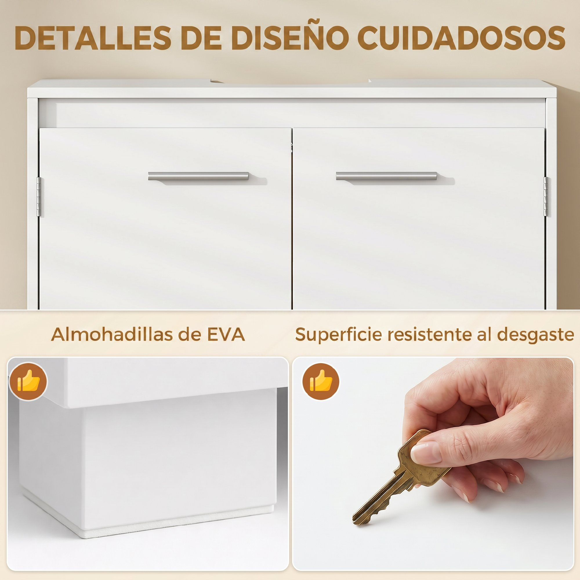 Gabinete blanco con dos puertas, almohadillas de EVA y superficie resistente al desgaste rayada con una llave.