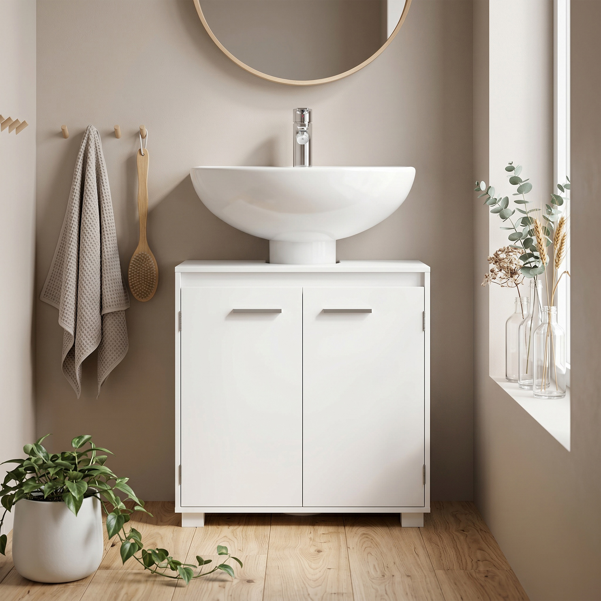 Un tocador blanco con lavabo, espejo redondo, toalla y plantas en el baño.