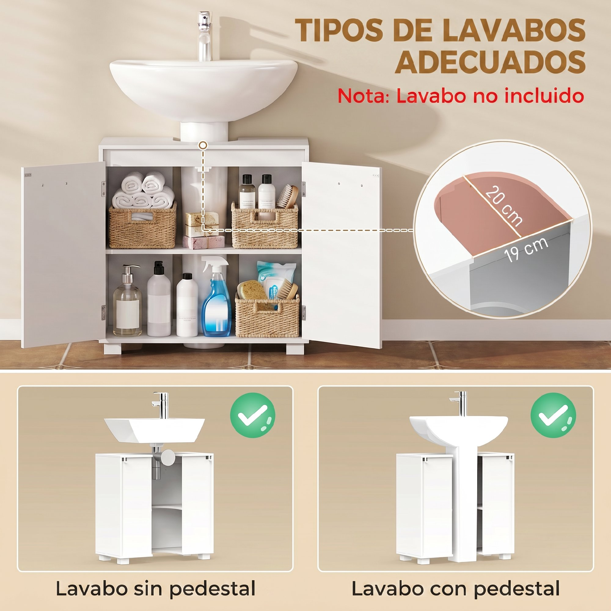 Mueble de baño blanco bajo un lavabo con puertas abiertas mostrando cestas, botellas y detalles de medidas.