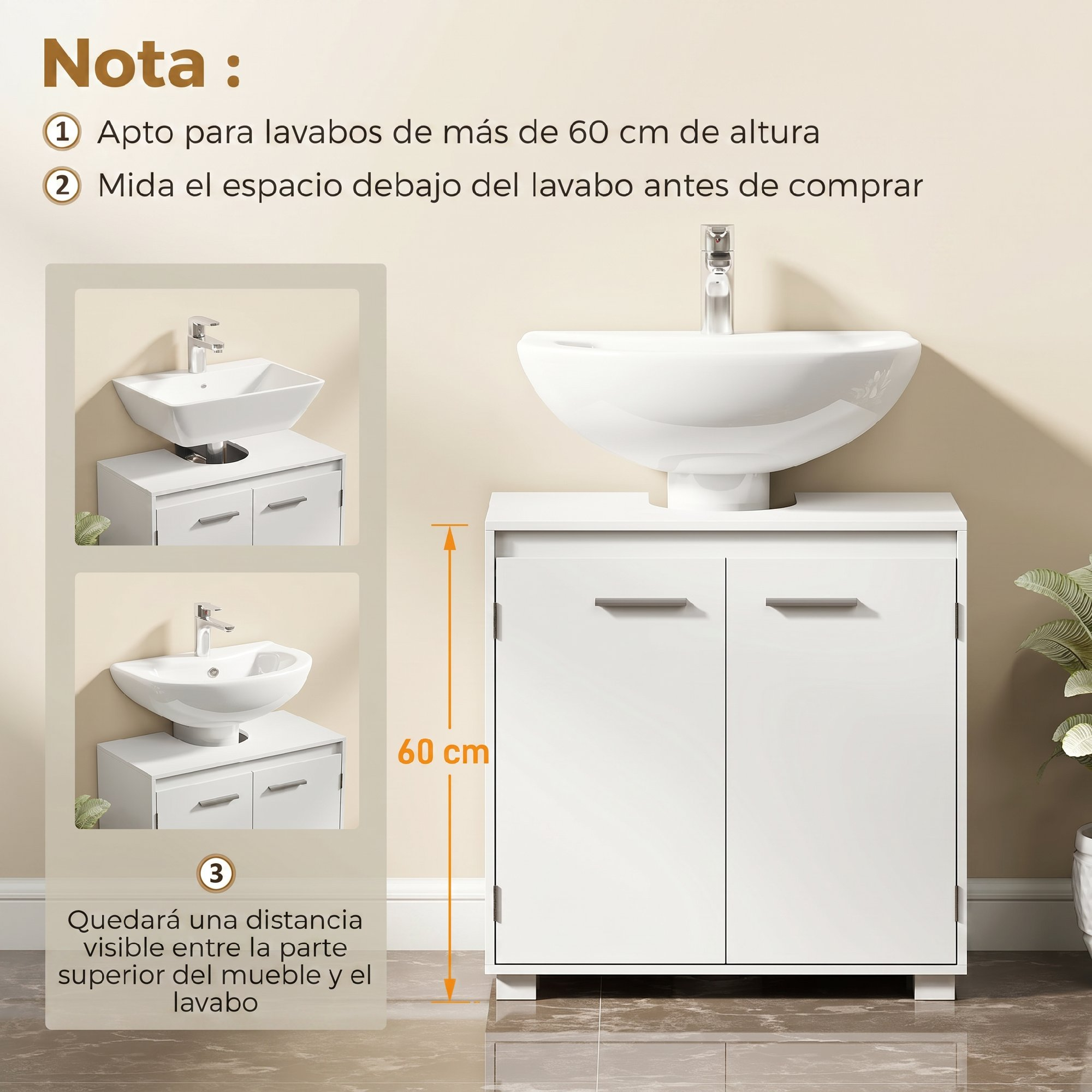 Mueble de baño blanco de 60 cm de alto, con dos imágenes secundarias que muestran compatibilidad de lavabos.