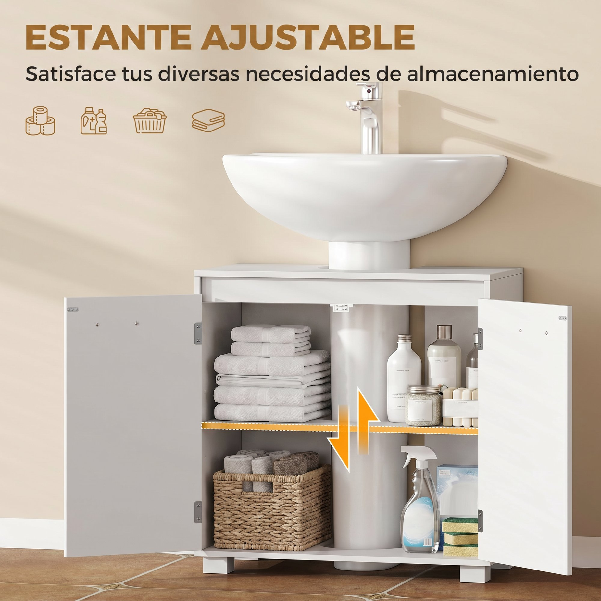 Lavabo blanco con mueble que guarda toallas dobladas, artículos de aseo y productos de limpieza.