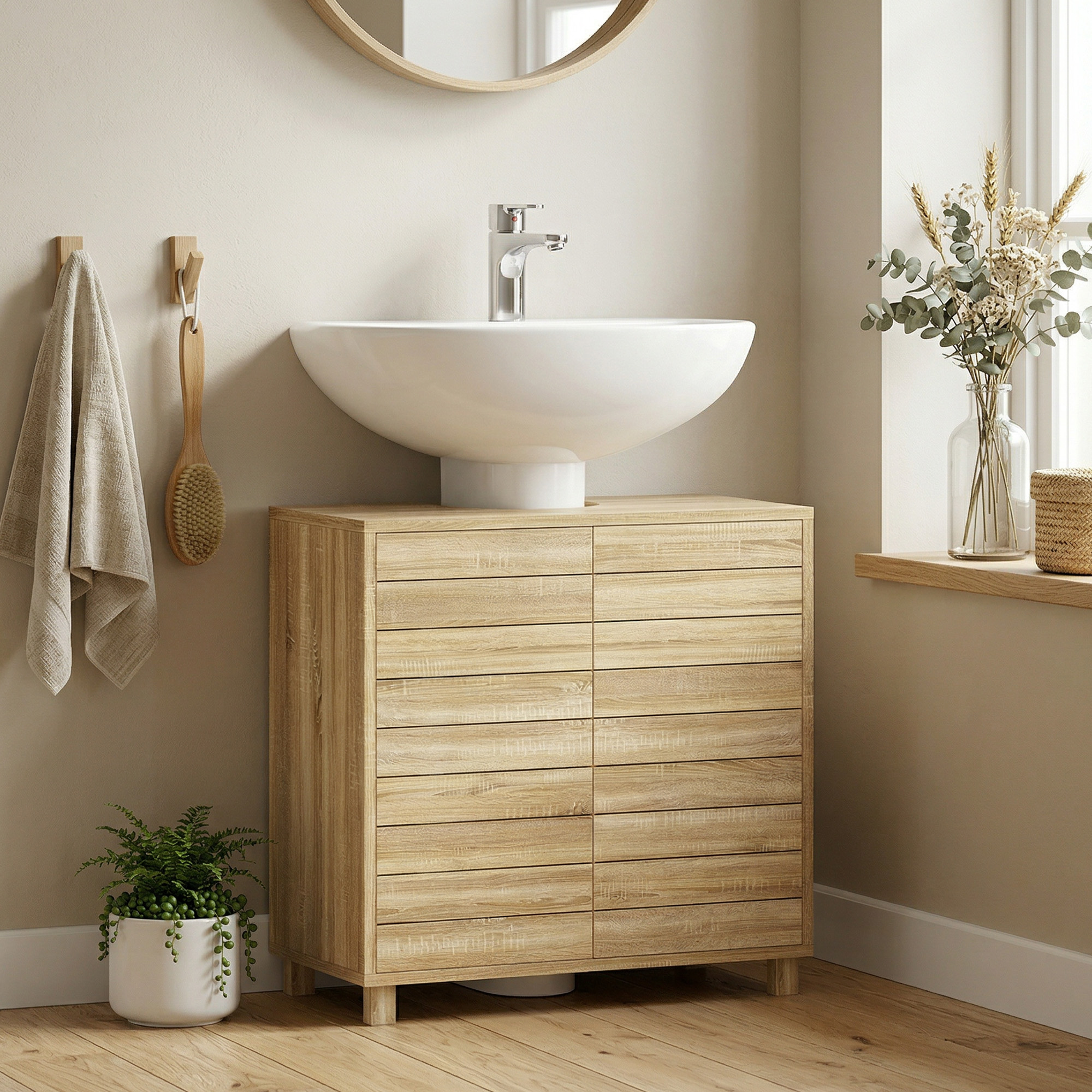 Mueble de baño de madera con lavabo blanco, toalla y plantas decorativas en un entorno luminoso y neutro.