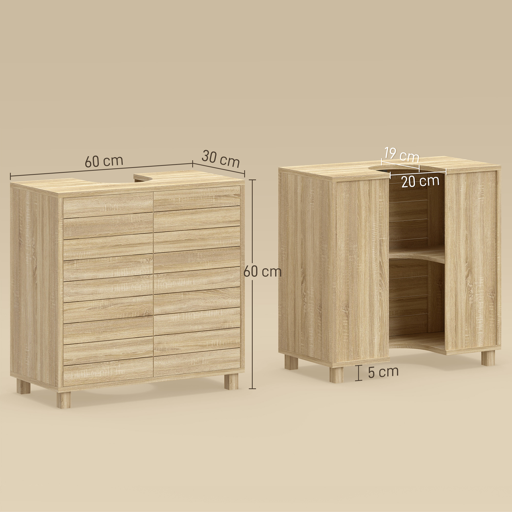 Dos armarios de baño de madera clara con cotas sobre fondo beige.