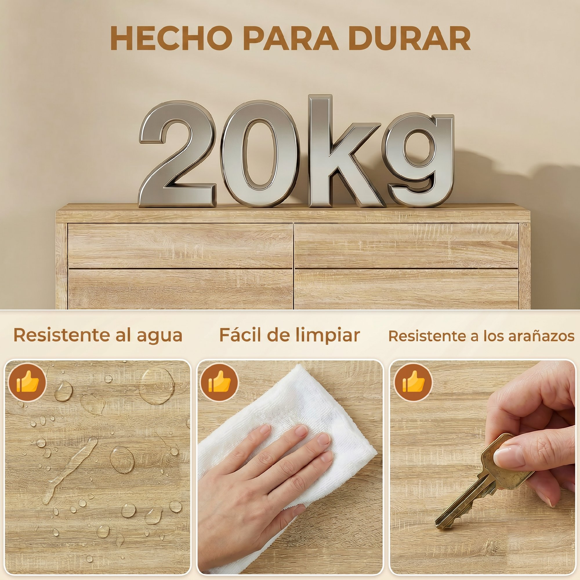 Infografía que muestra un mueble de madera con 20kg, resistencia al agua, fácil limpieza y resistencia a arañazos.