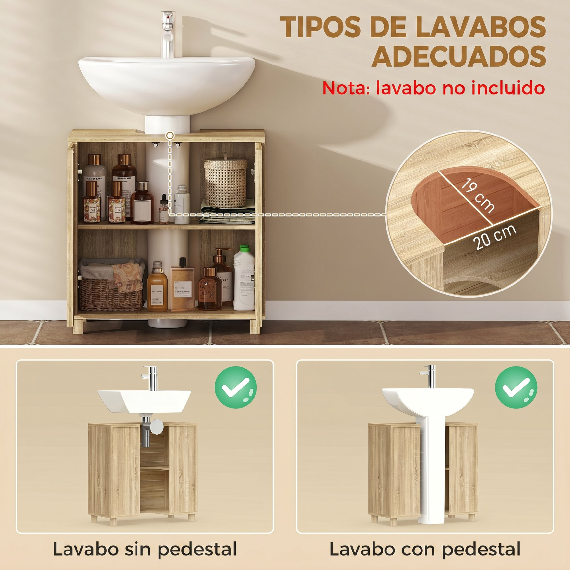 Mueble de lavabo de madera con estantes, botellas y dos ejemplos insertados que muestran la compatibilidad.