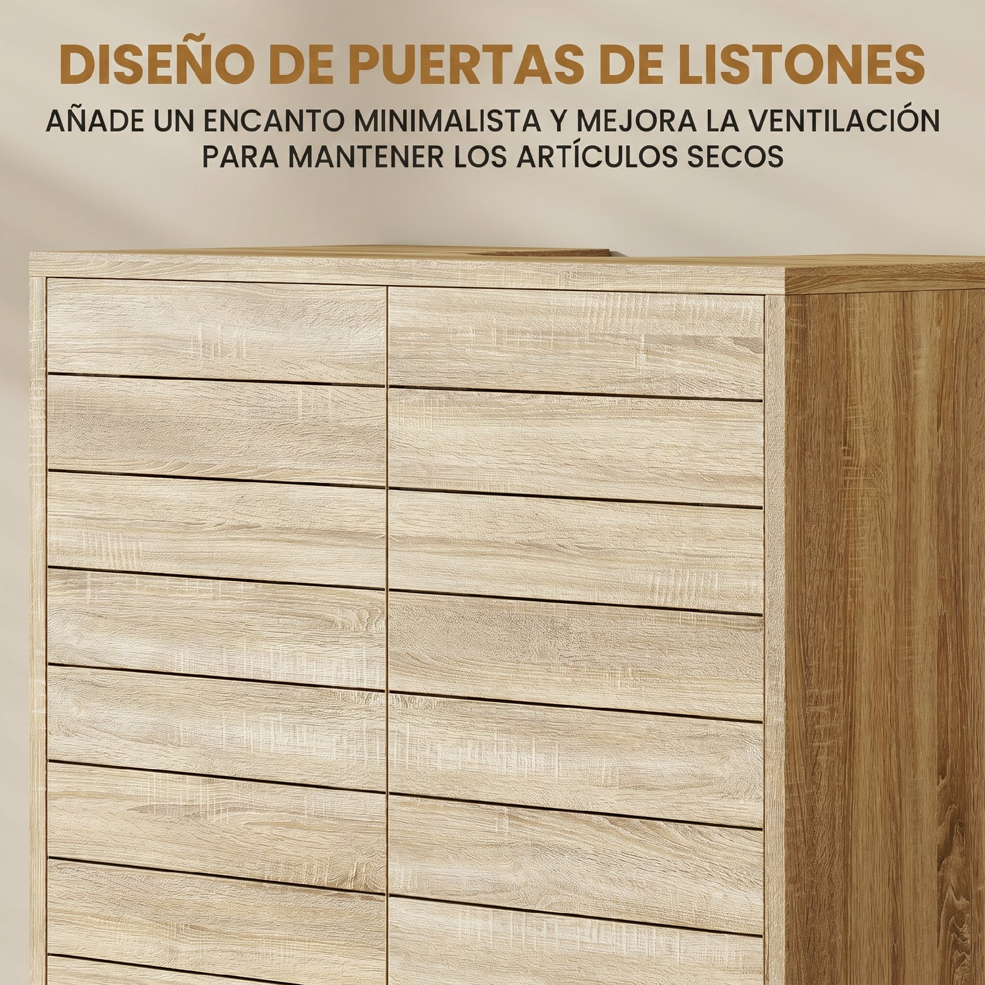 Un mueble de madera con puertas de listones y texto arriba.
