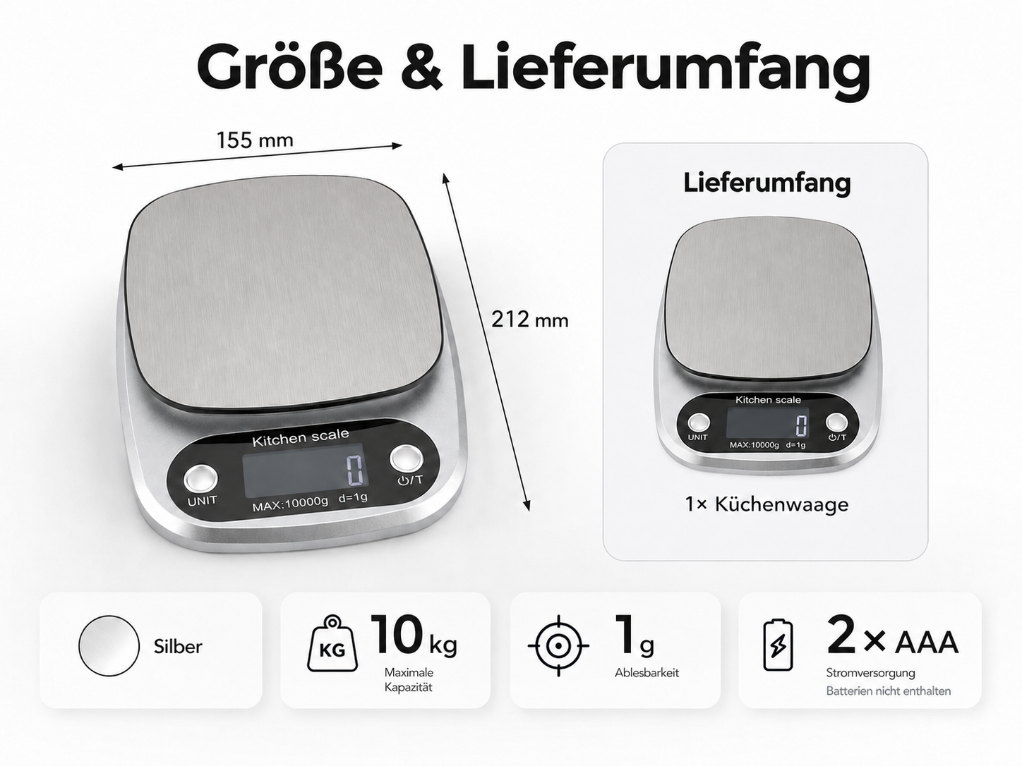 Eine silberne digitale Küchenwaage zeigt Abmessungen, Lieferumfang, Farbe, 10kg Kapazität, 1g Genauigkeit und Batteriedetails.
