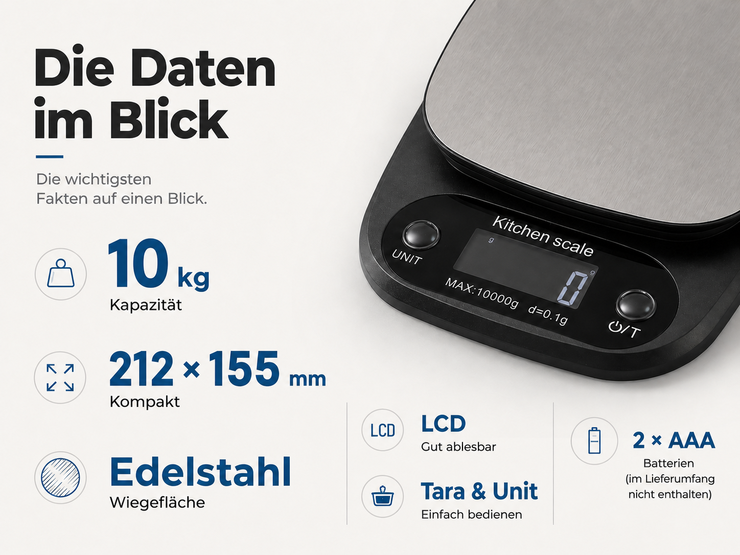 HIYORI 10kg / 1g Edelstahl Digital LCD Küchenwaage (Max. Tragkraft: 10 kg