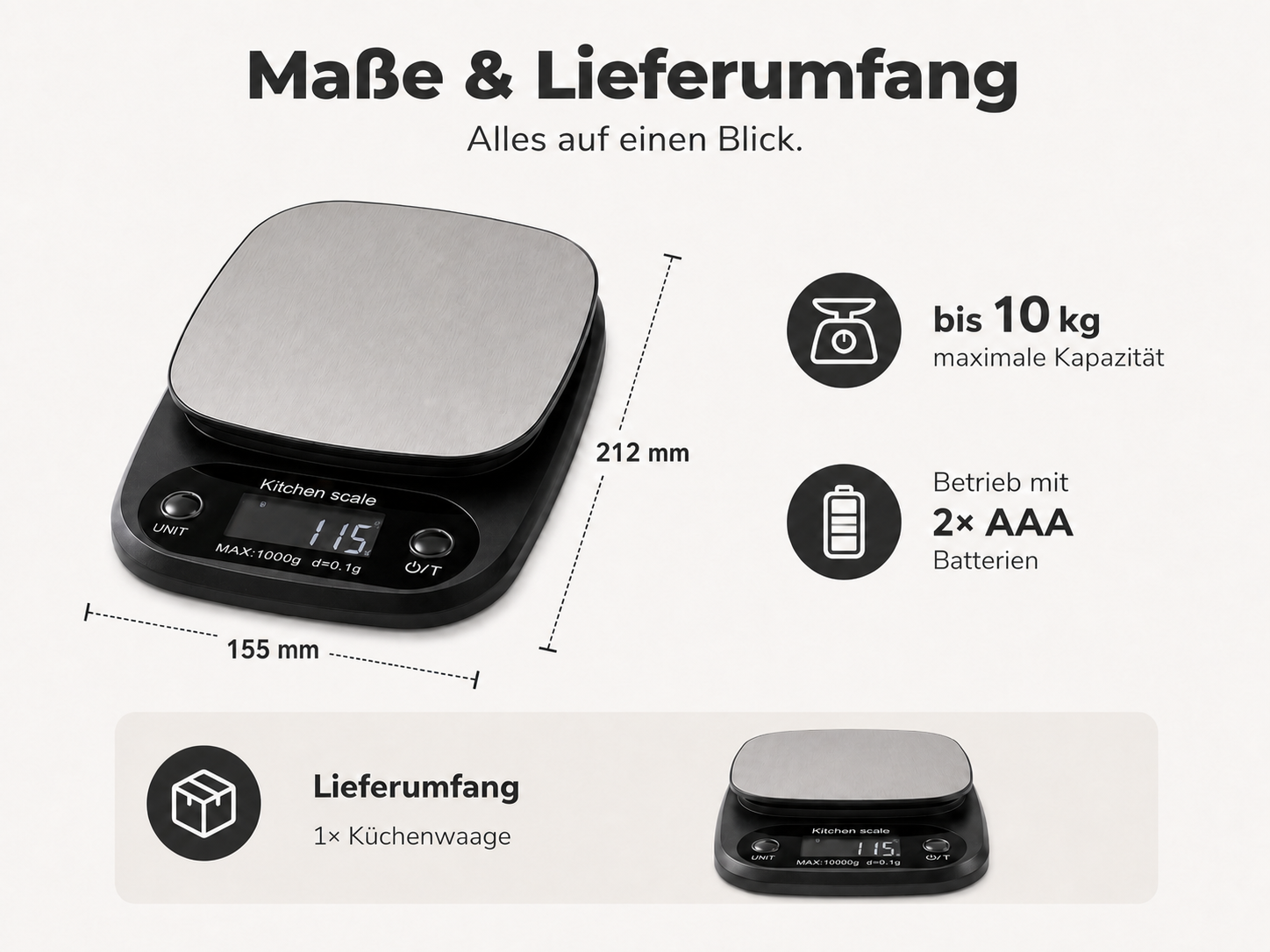 HIYORI 10kg / 1g Edelstahl Digital LCD Küchenwaage (Max. Tragkraft: 10 kg