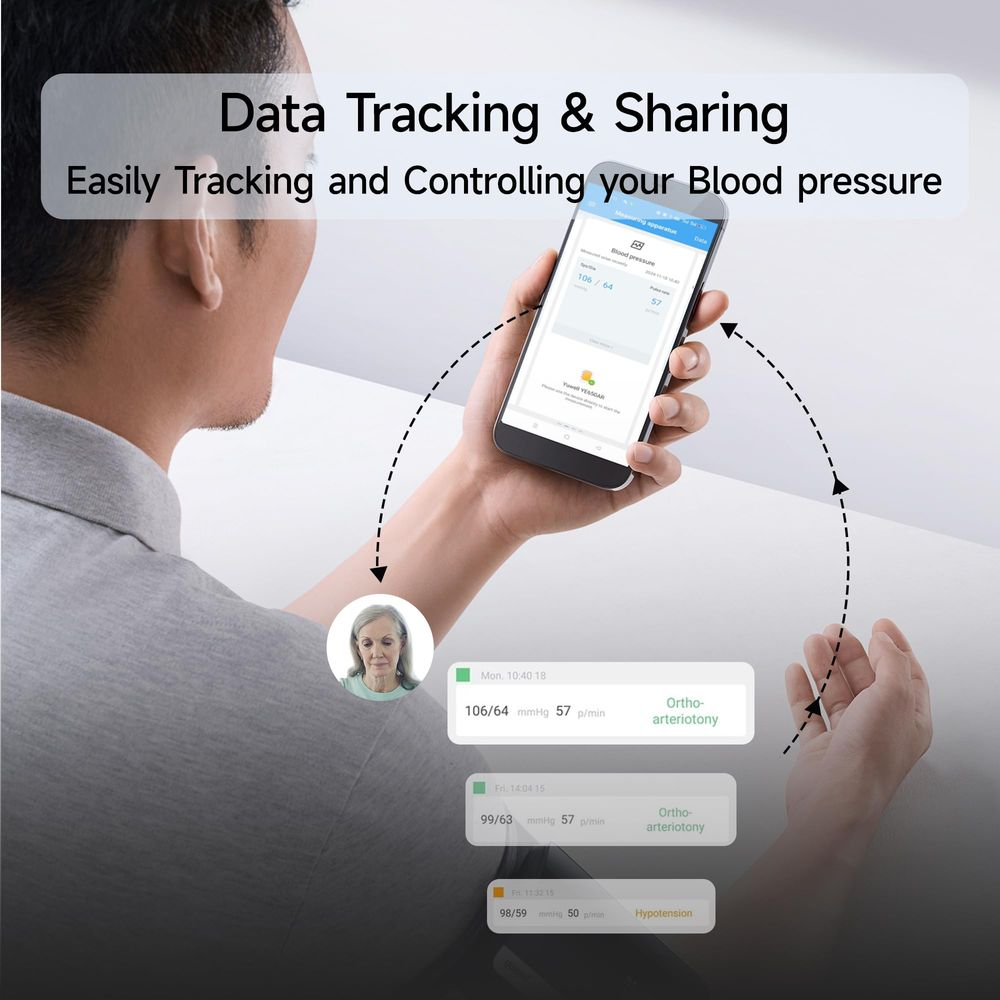 Una persona usa uno smartphone per monitorare la pressione sanguigna con notifiche.