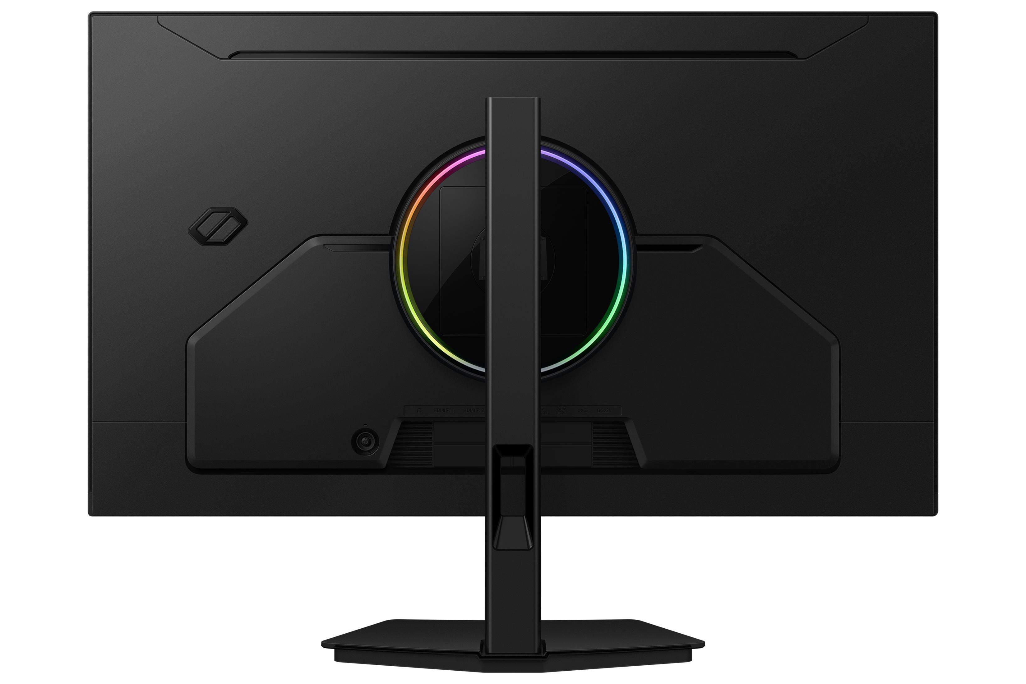 Rückseite eines schwarzen Monitors mit einem farbigen LED-Ring und einem festen Standfuß.