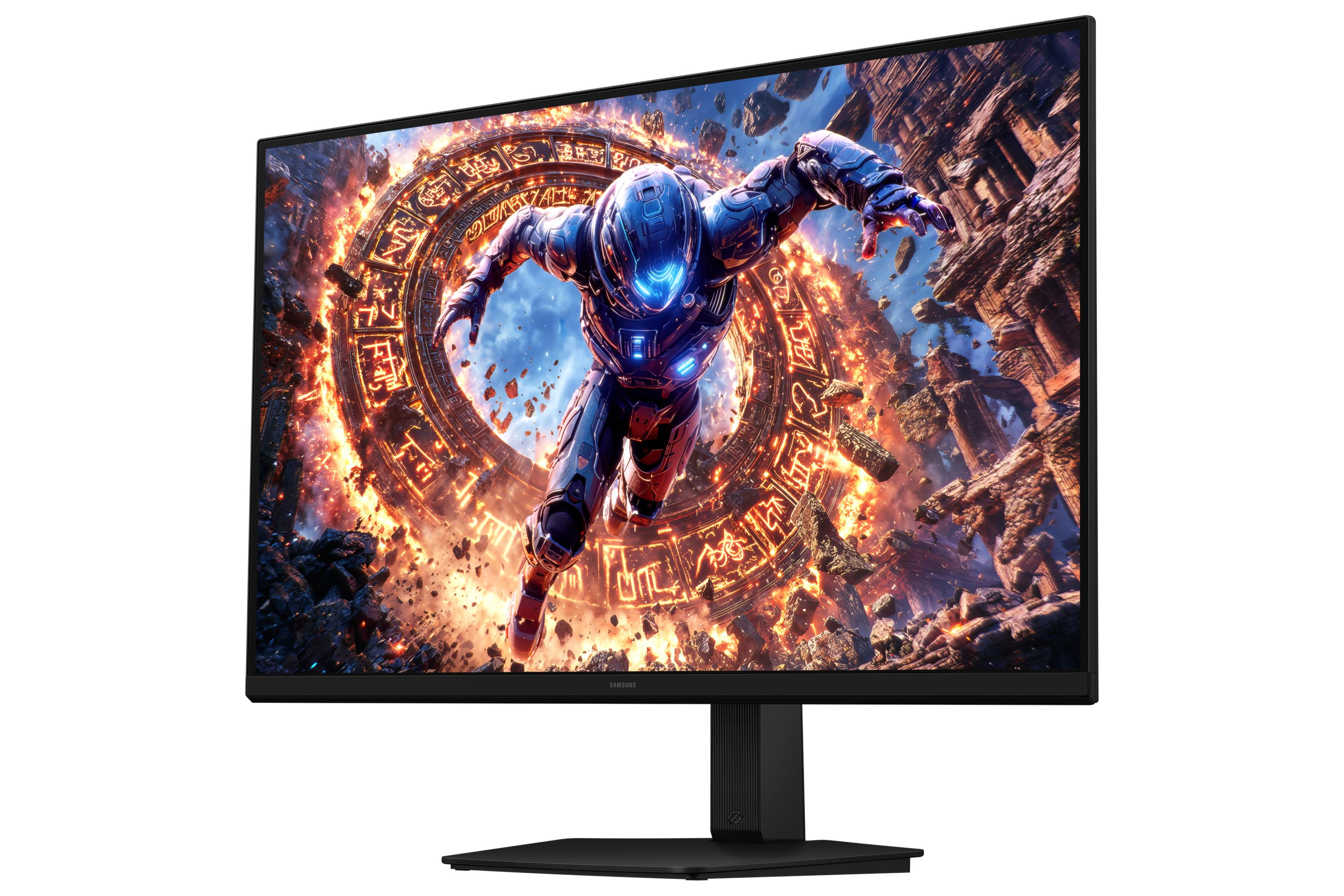 Ein schwarzer Samsung-Monitor zeigt eine Fantasy-Szene mit einem Roboter in Flammen und Steinen.