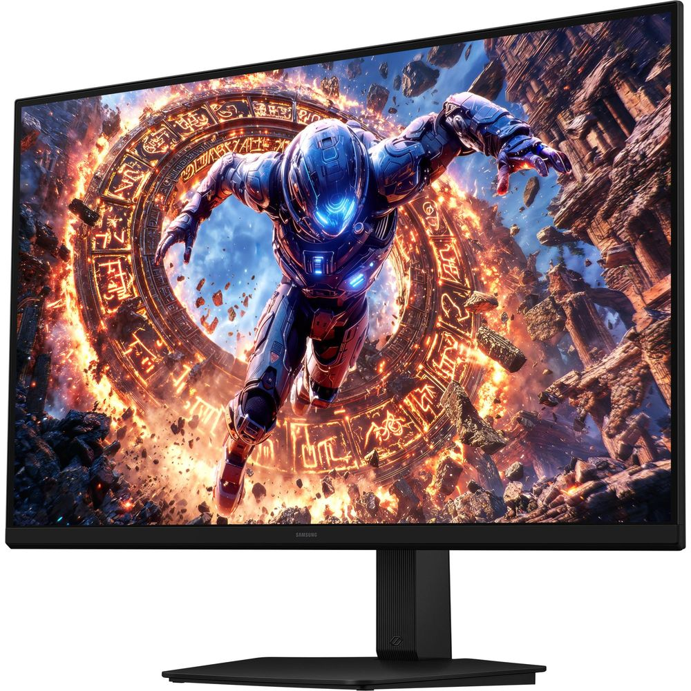 Ein schwarzer Samsung Monitor zeigt eine actionreiche Sci-Fi-Szene mit einem Charakter in einem feurigen Portal.