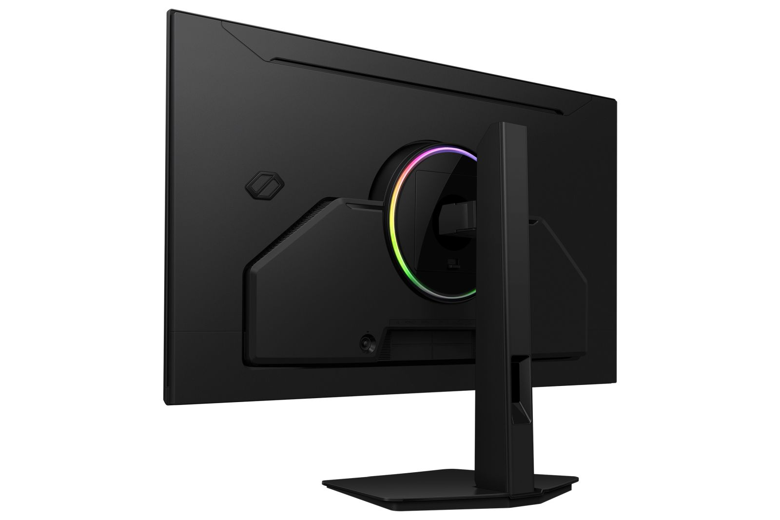 Die Rückseite eines schwarzen Monitors mit RGB-Beleuchtung am Standfuß und Logo.