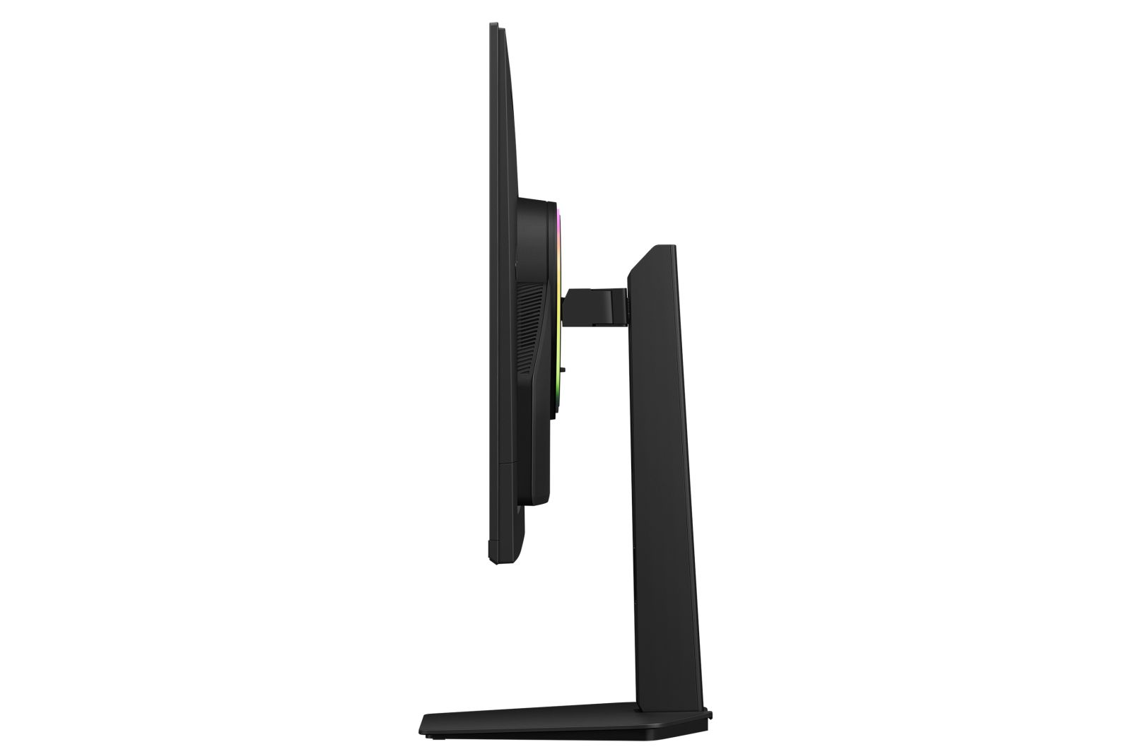 Seitenansicht eines schlanken schwarzen Computermonitors auf einem Standfuß vor weißem Hintergrund.