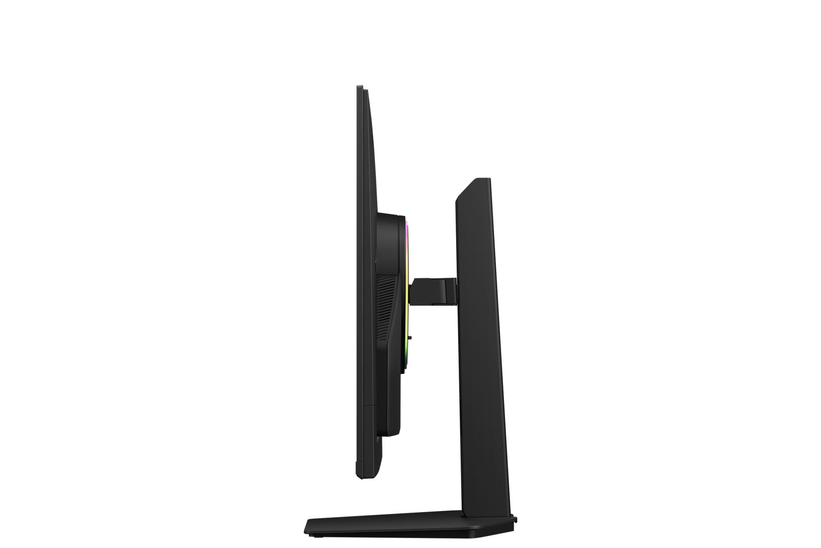Seitenansicht eines schwarzen Computermonitors auf einem Ständer mit leuchtendem Ring auf der Rückseite vor weißem Hintergrund.