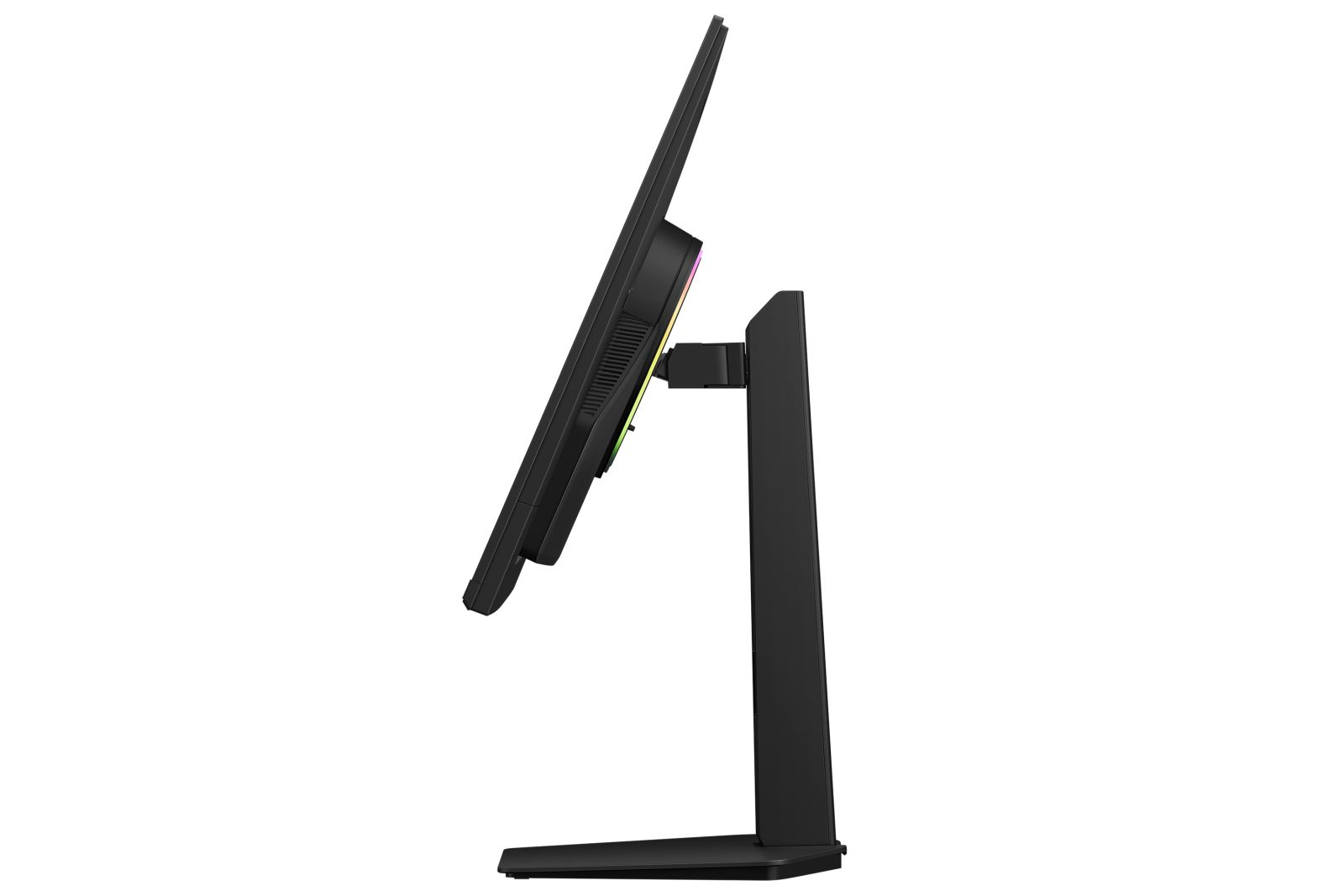 Seitenansicht eines schwarzen Computermonitors auf einem Standfuß mit hellem Hintergrund.