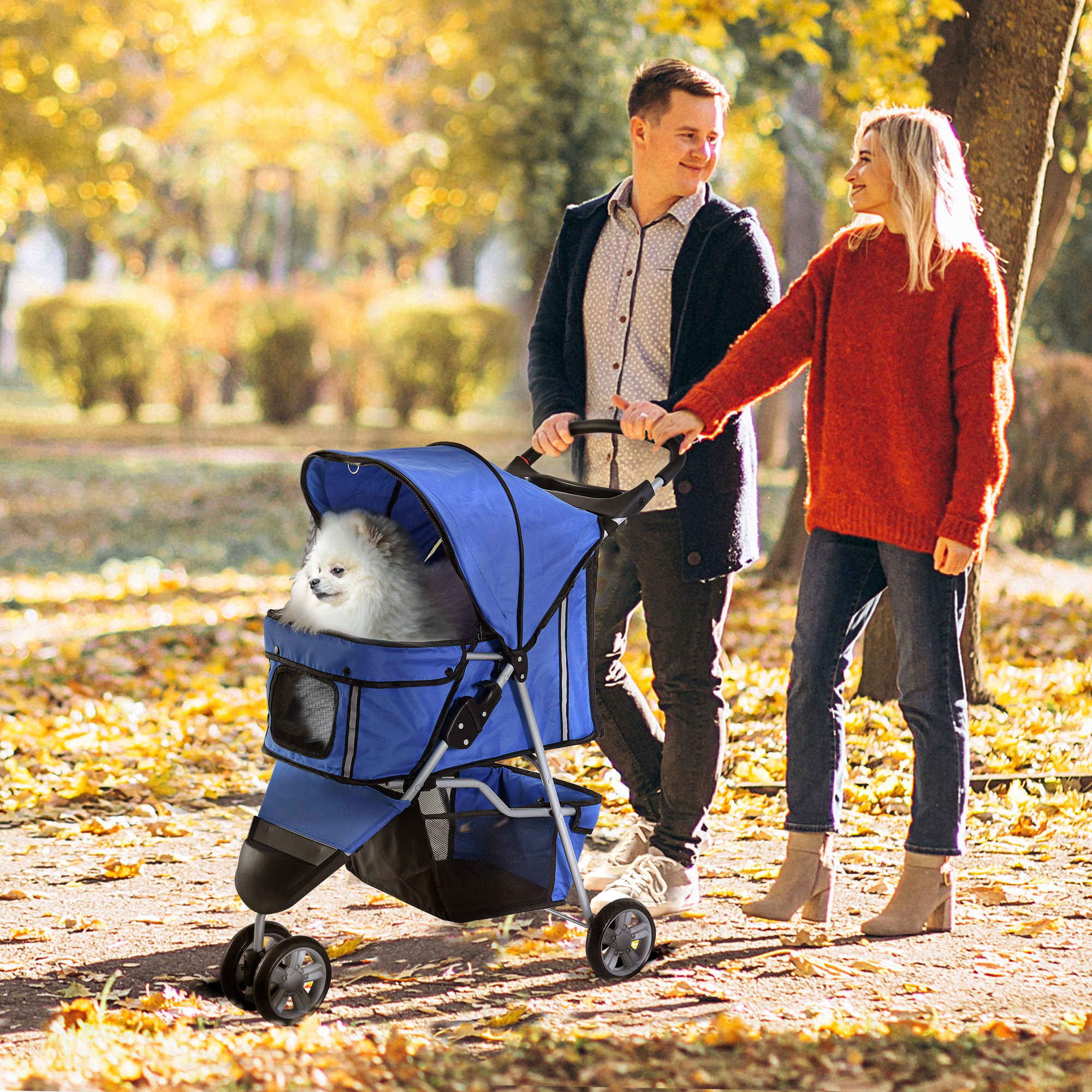 Una coppia passeggia in un parco autunnale spingendo un passeggino blu per cani.
