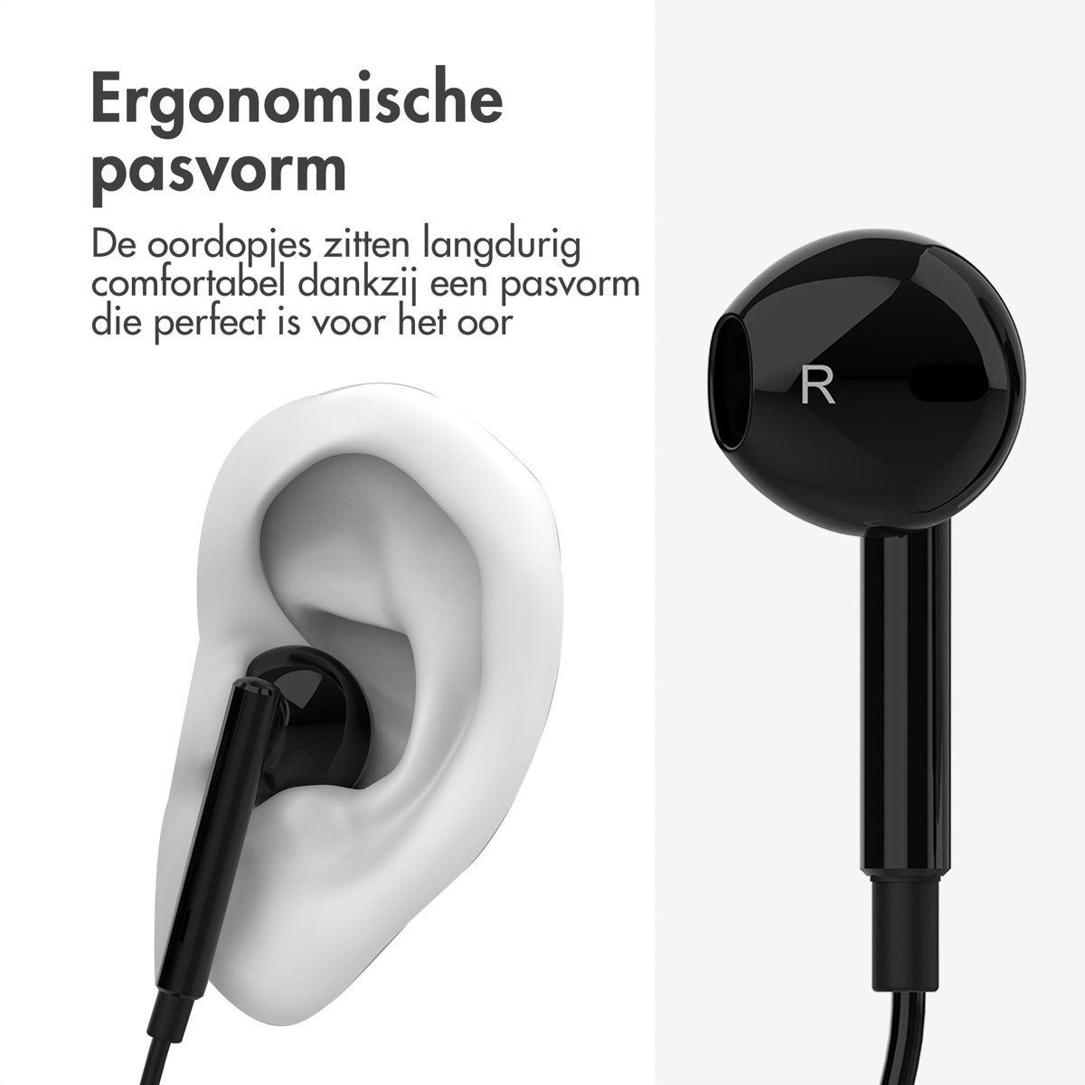 Czarne słuchawki o ergonomicznym kształcie z niderlandzkim tekstem na białym tle.
