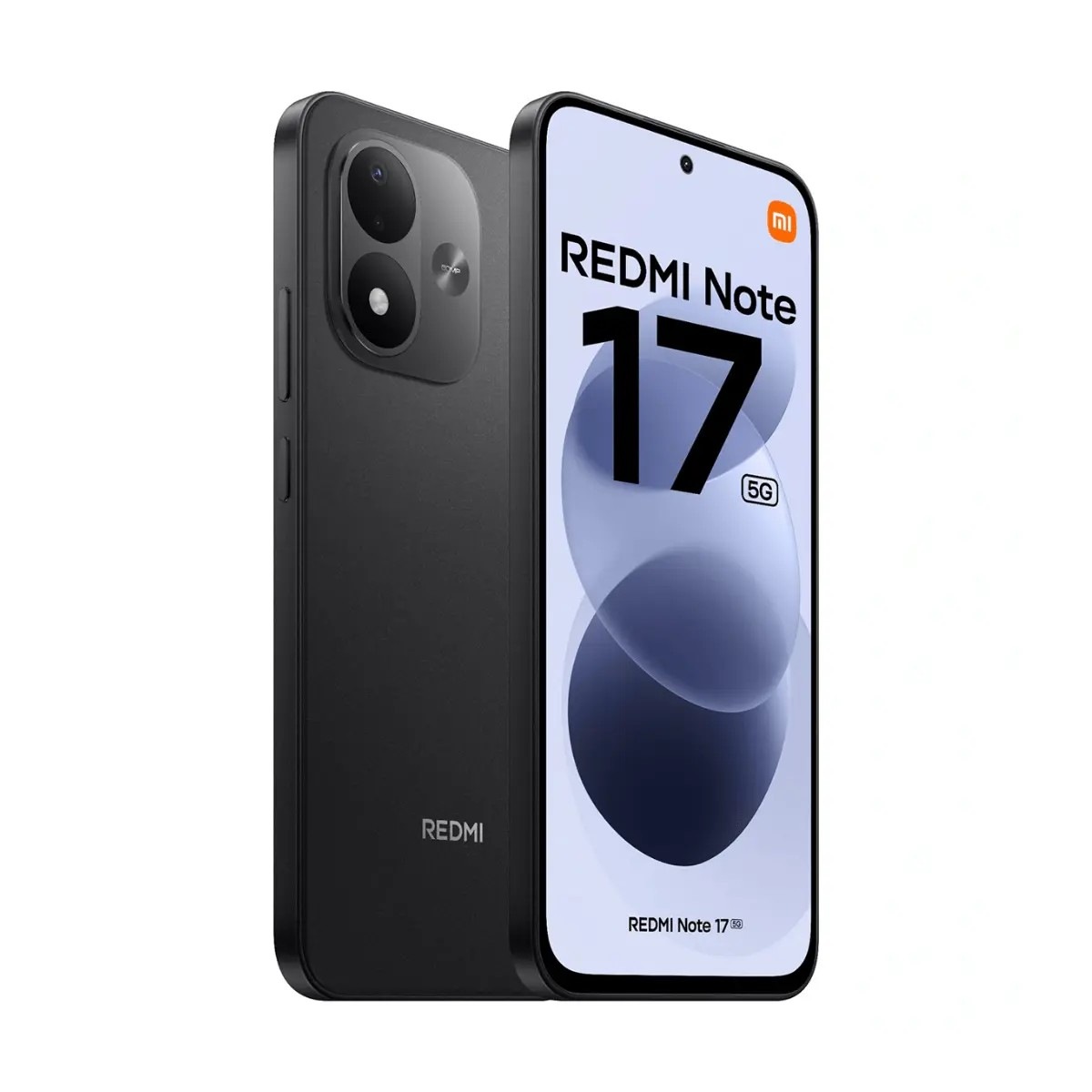 Zwei schwarze Redmi Note 17 5G Smartphones von vorne und hinten vor weißem Hintergrund.