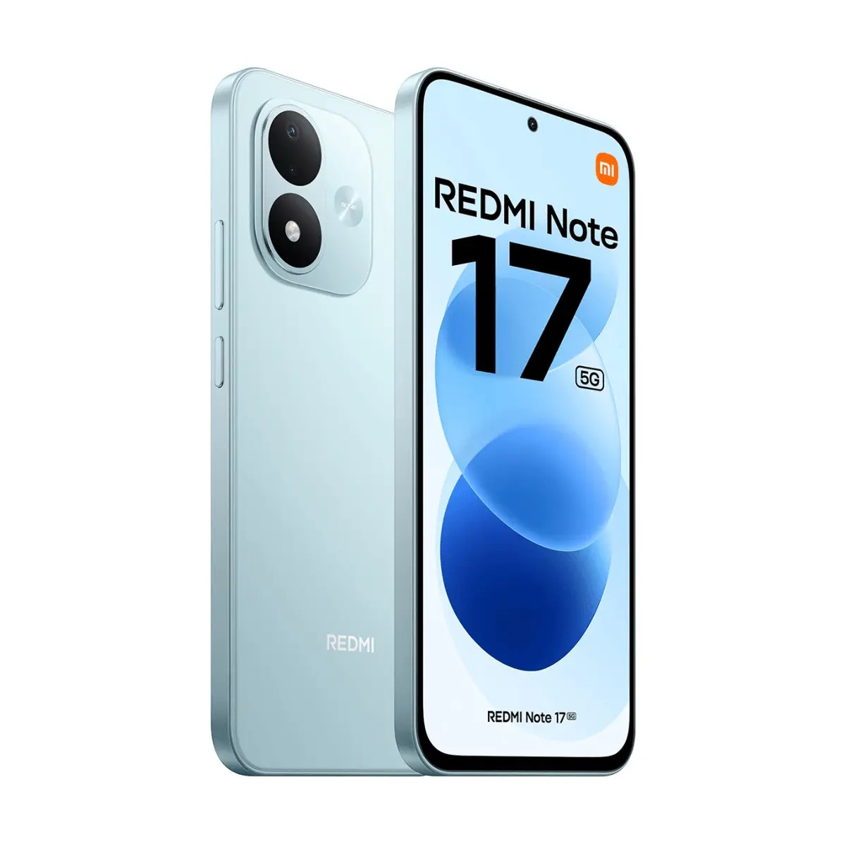 Smartphone Redmi Note 17 5G azzurro con viste frontale e posteriore.
