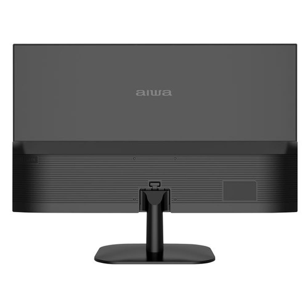 Vista posteriore di un monitor per computer nero Aiwa su supporto con logo.