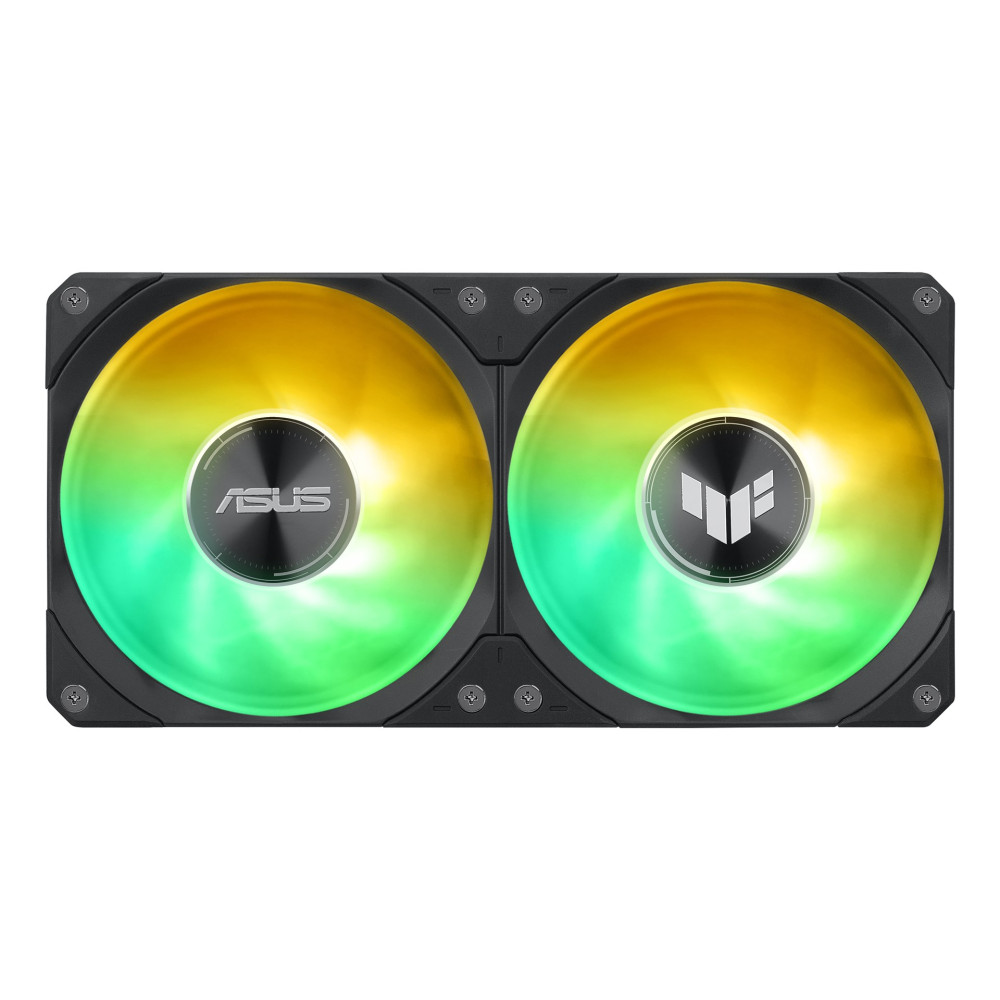 Dwa czarne wentylatorki ASUS z jasnym żółtym i zielonym oświetleniem RGB.
