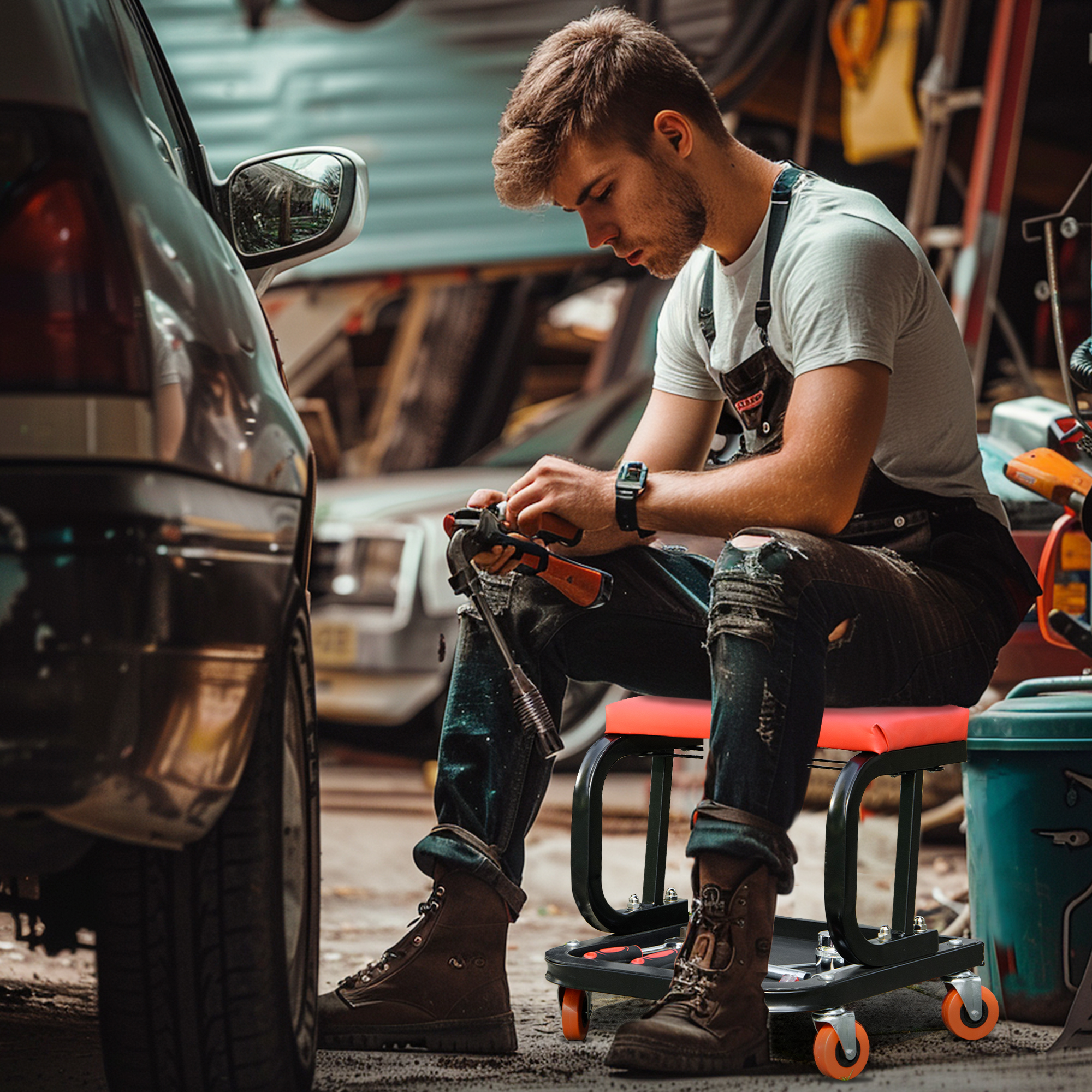 Un mecánico se sienta en un taburete con ruedas en un taller de automóviles, sosteniendo una herramienta.
